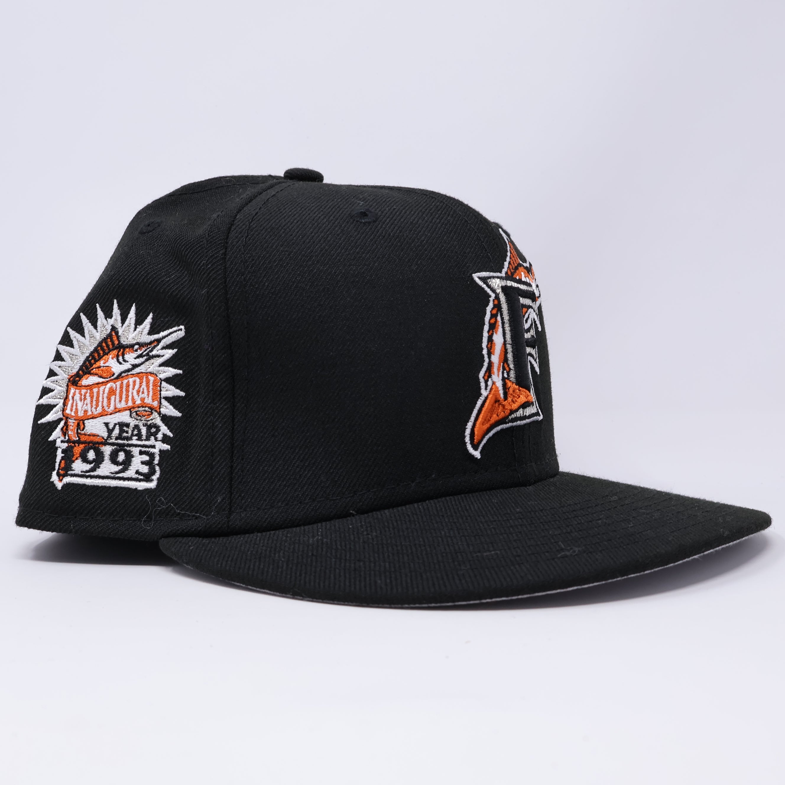 USED 5/8 Black Florida Marlins 1993 Inaugural Year 59fifty New Era Fitted Hat Cap