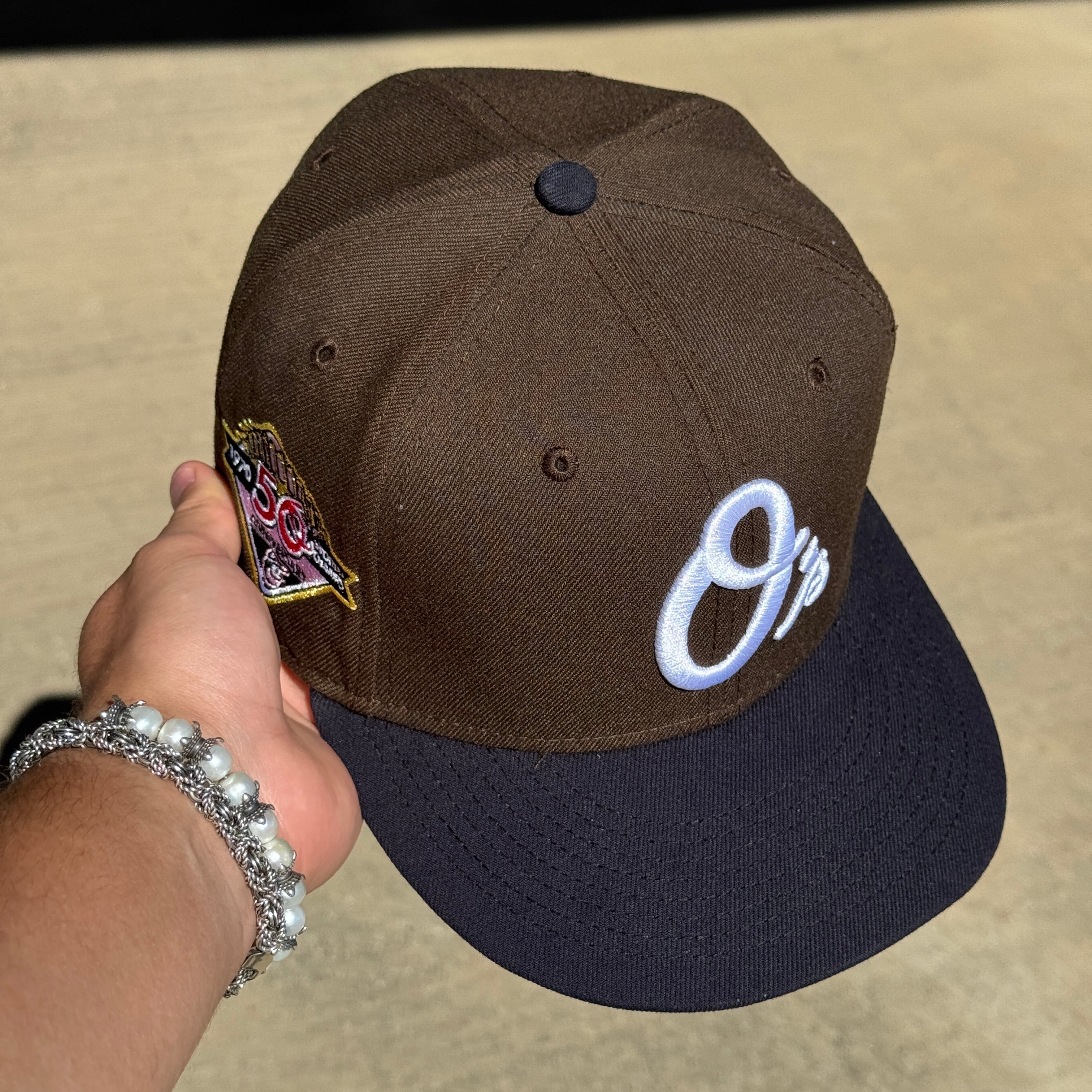 USED 1/2 Brown Baltimore Orioles 50th Anniversary 59fifty New Era Fitted Hat Cap