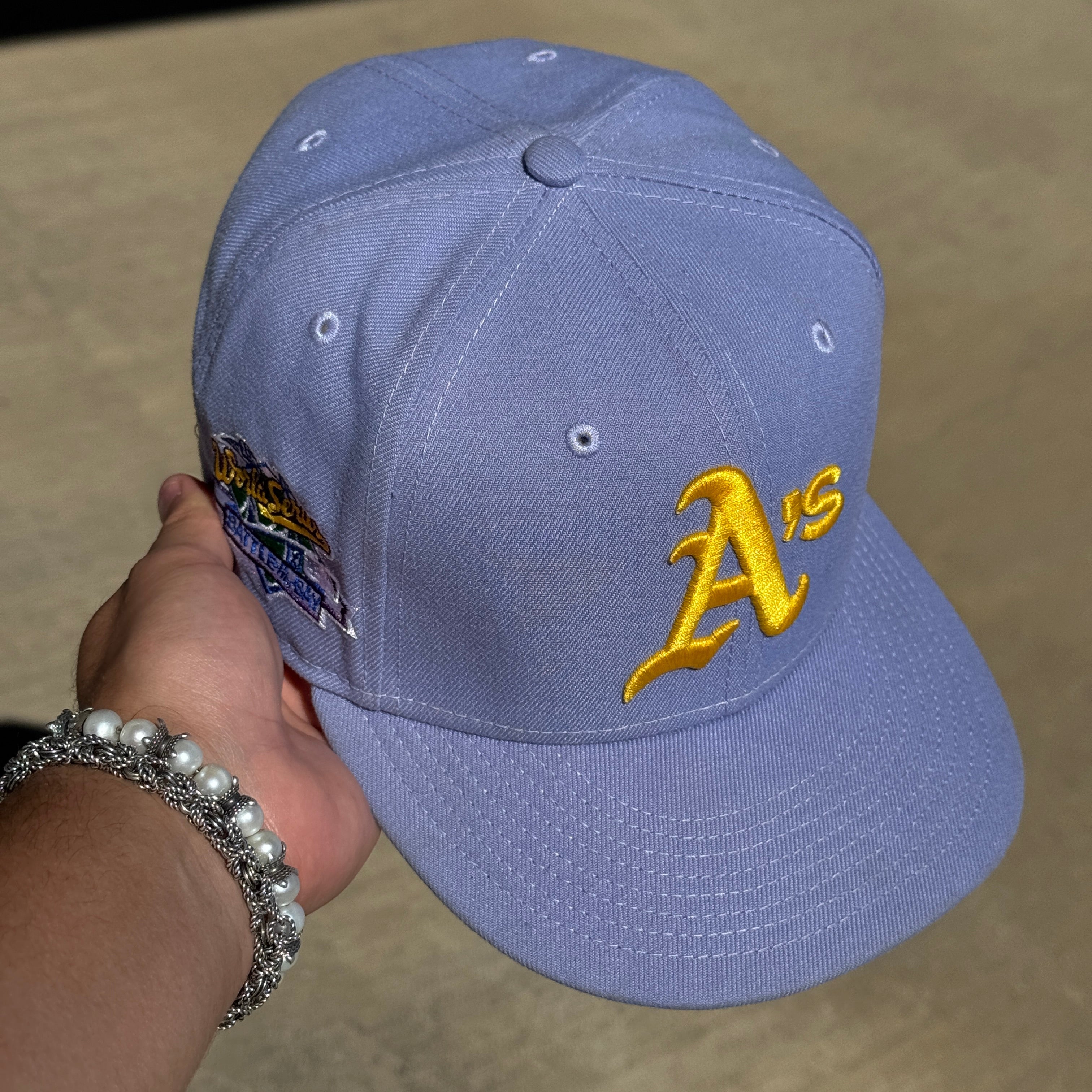 USED 5/8 Lavendar Oakland Athletics 1989 World Series 59fifty New Era Fitted Hat Cap