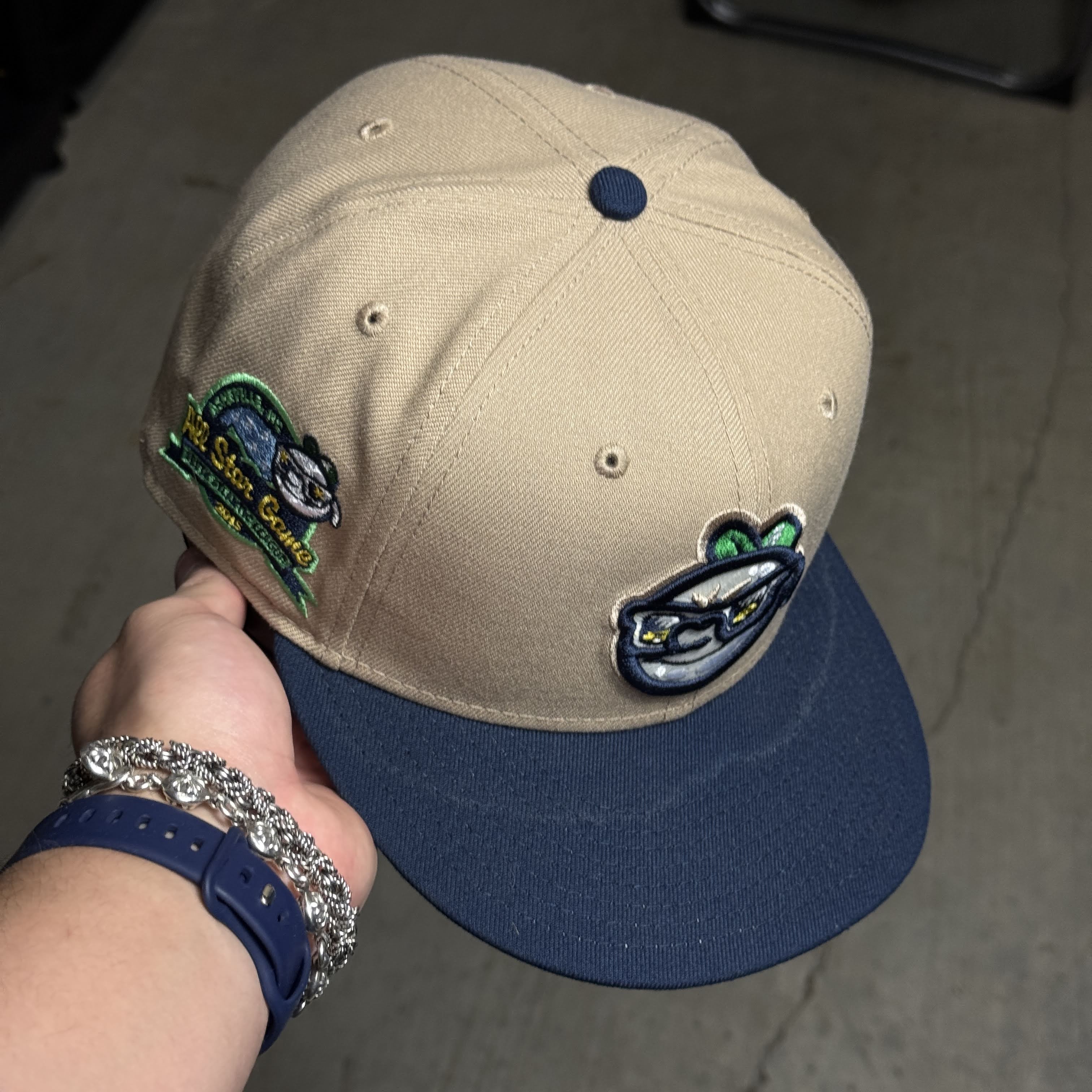 USED 3/8 Khaki Ashevill Tourists Minor League 59fifty New Era Fitted Hat Cap