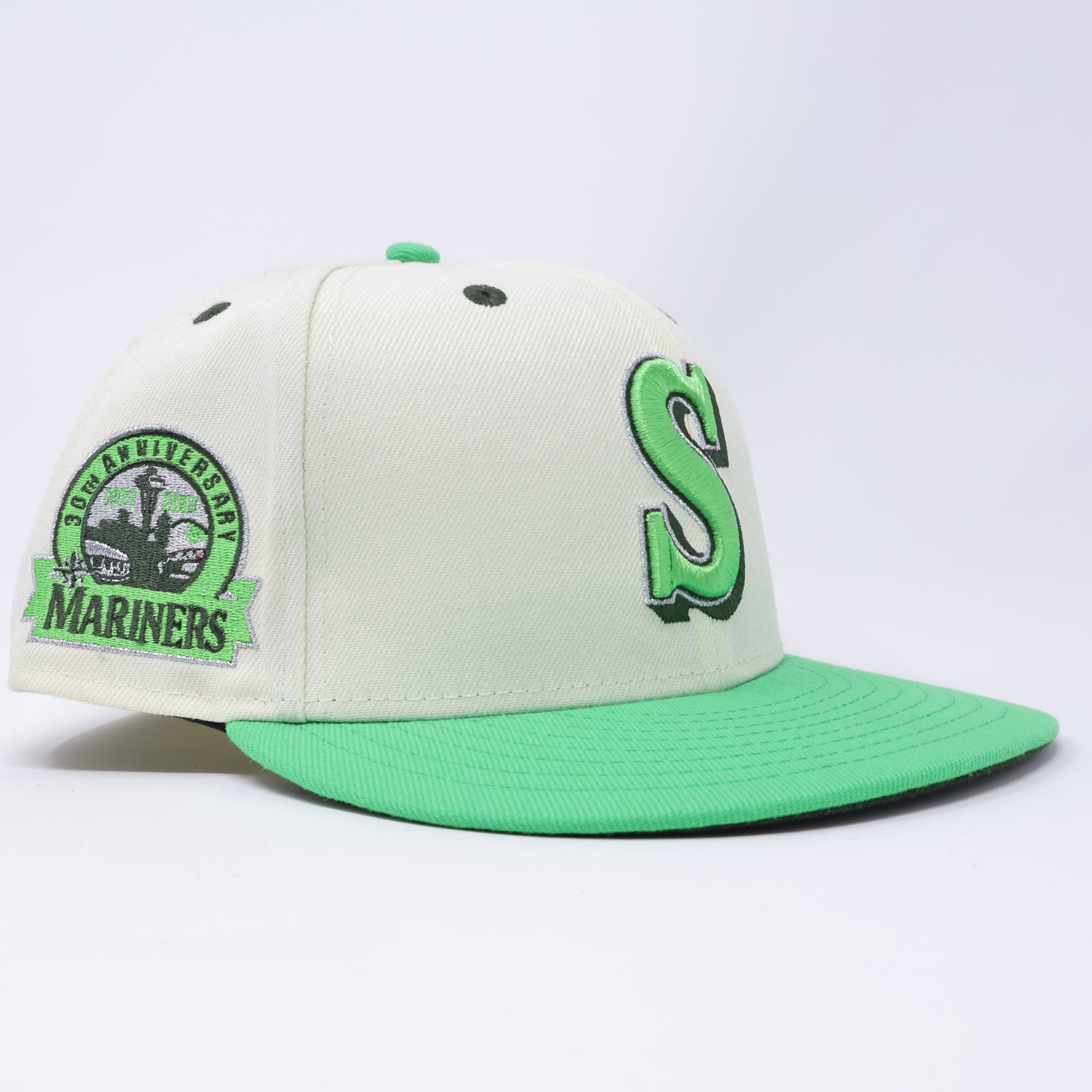 USED 1/4 Chrome Seattle Mariners 30th Anniversary 59fifty New Era Fitted Hat Cap