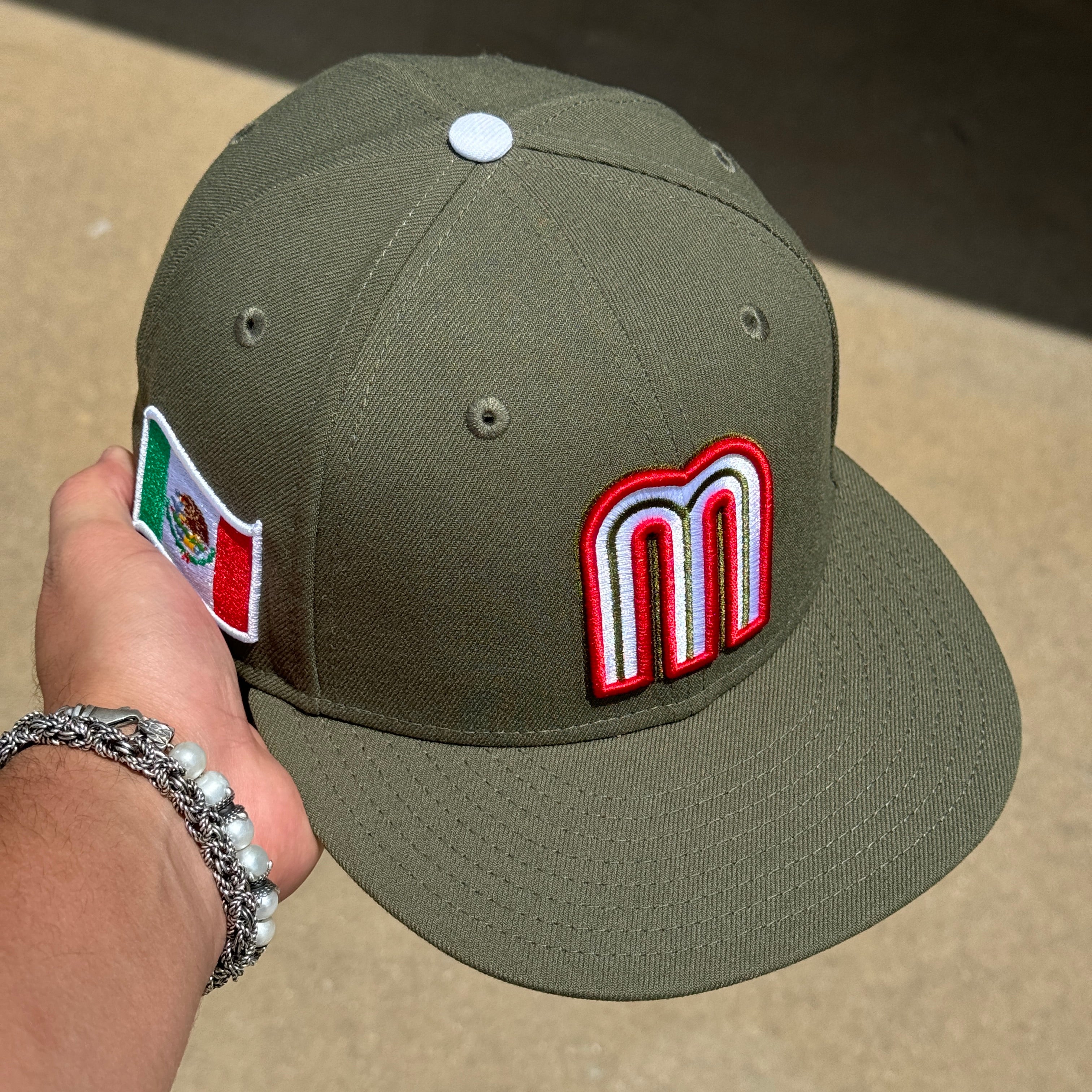 USED 1/2 Olive Mexican Baseball WBC Flag MLB 59FIFTY New Era Fitted Hat