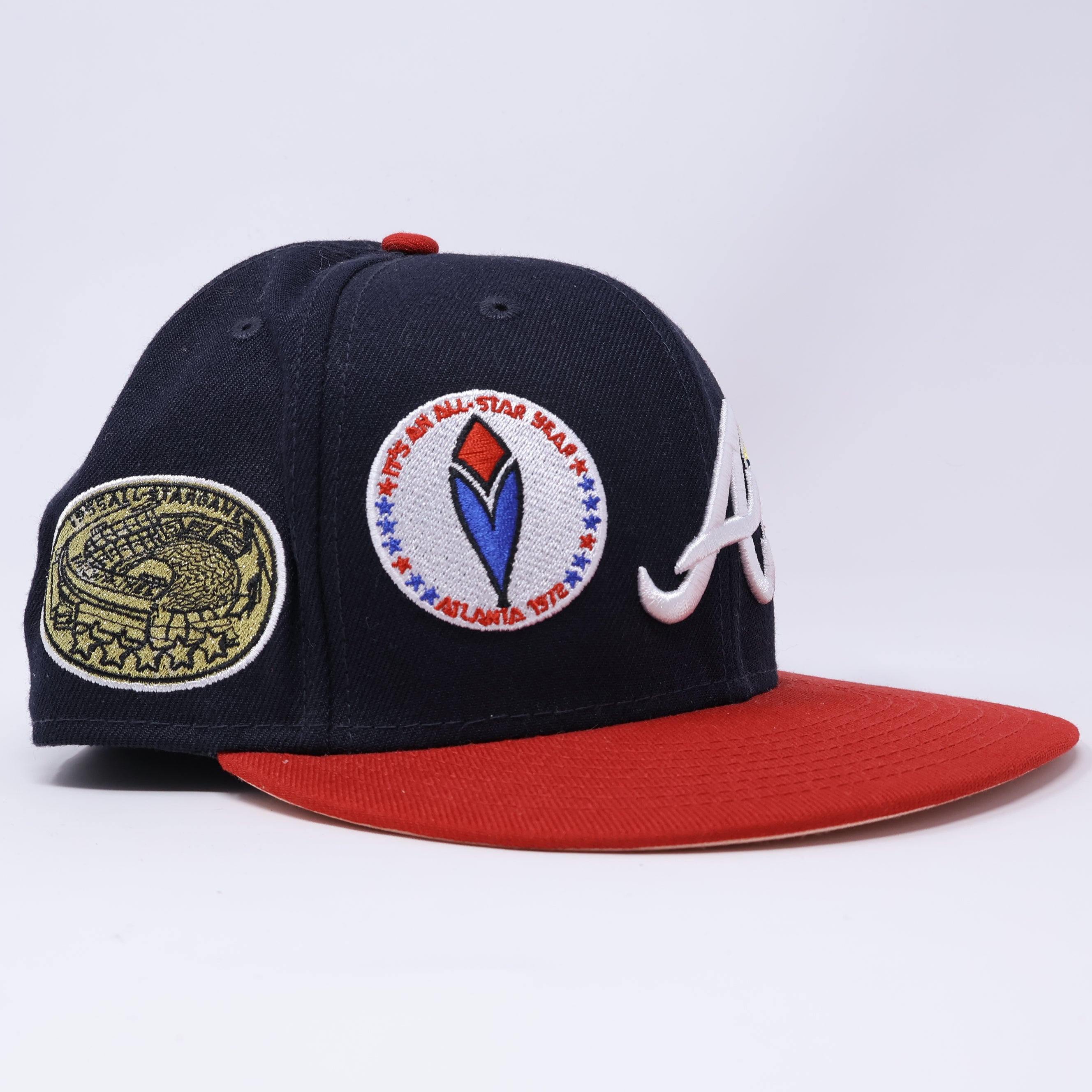 USED 3/8 Navy Atlanta Braves All Patches Logos 59fifty New Era Fitted Hat Cap