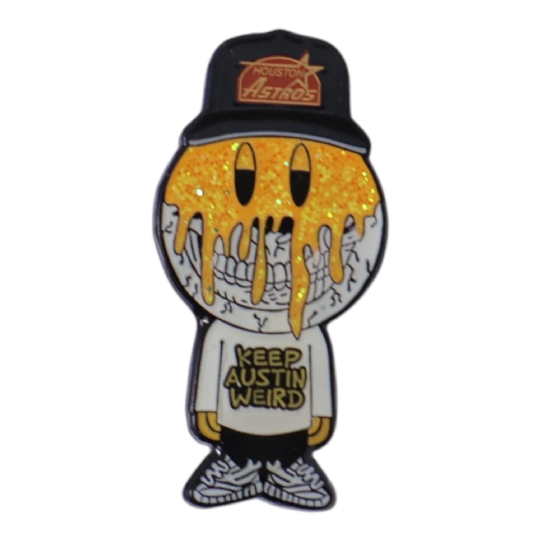 Orange Baseball Boy "Keep Austin Weird" Slogan Graphic Pin