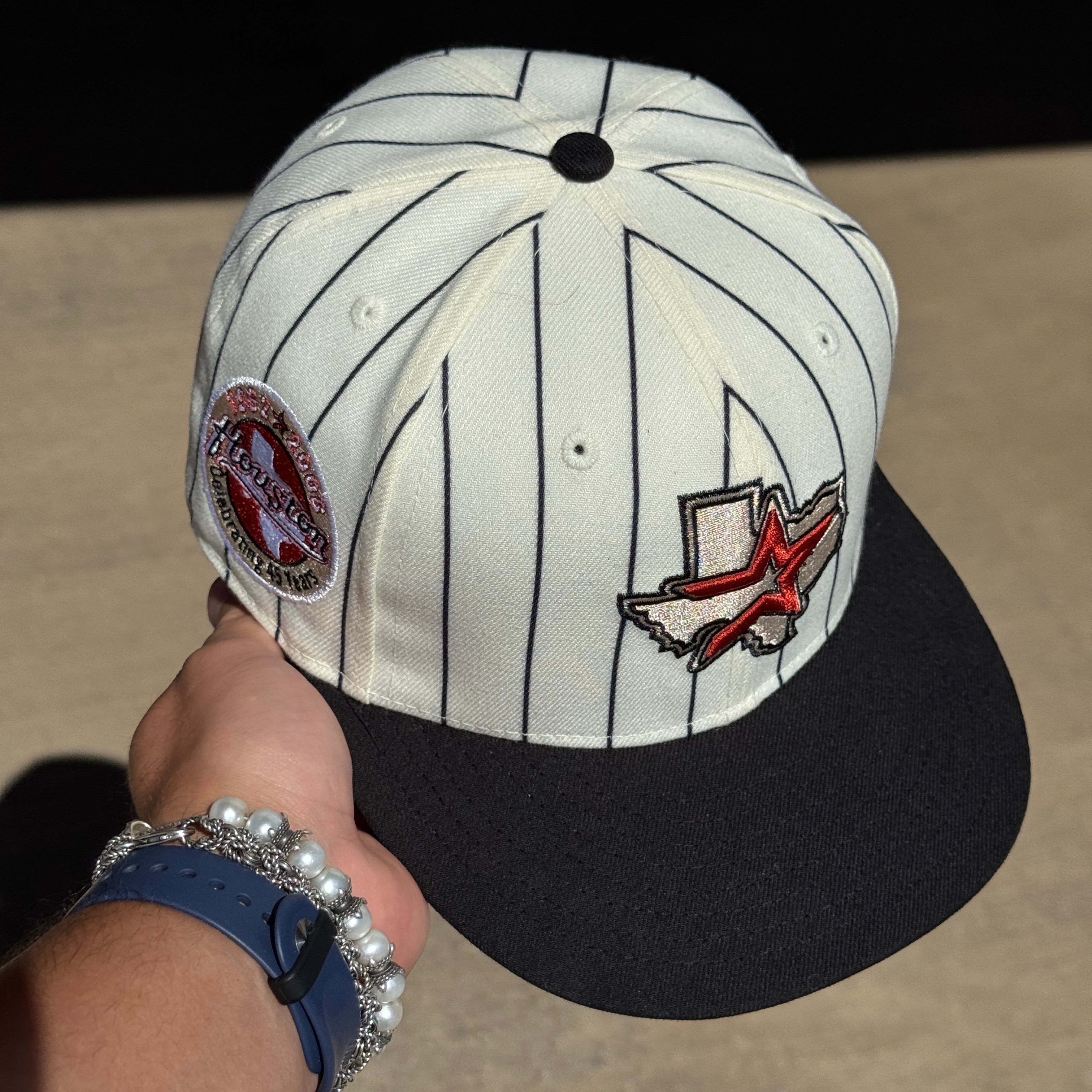 USED 1/8 Chrome Pinstripe Houston Astros Celebrating 45 Years 59fifty New Era Fitted Hat Cap