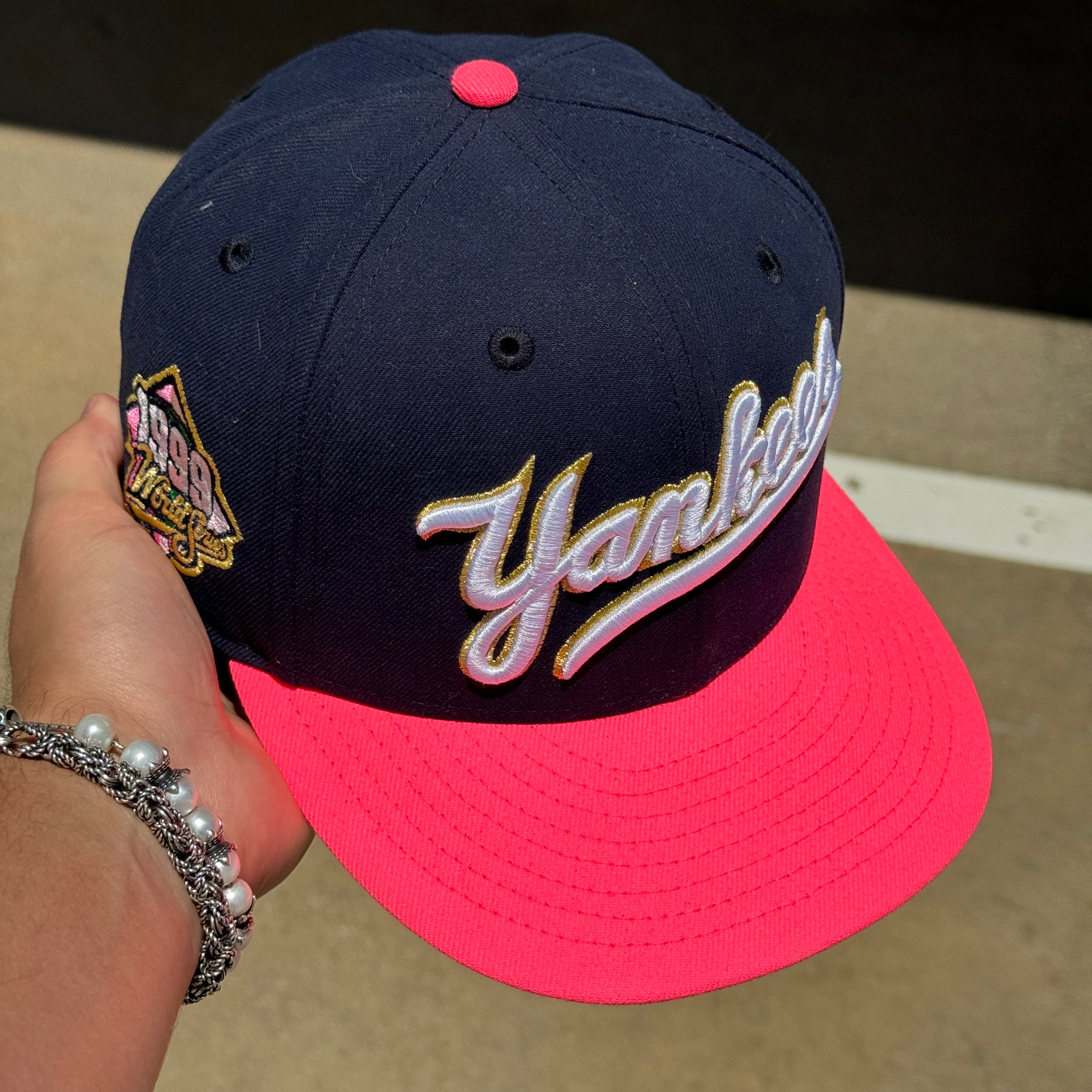 USED 1/8 Navy New York Yankees 1999 World Series Pink 59FIFTY New Era Fitted Hat