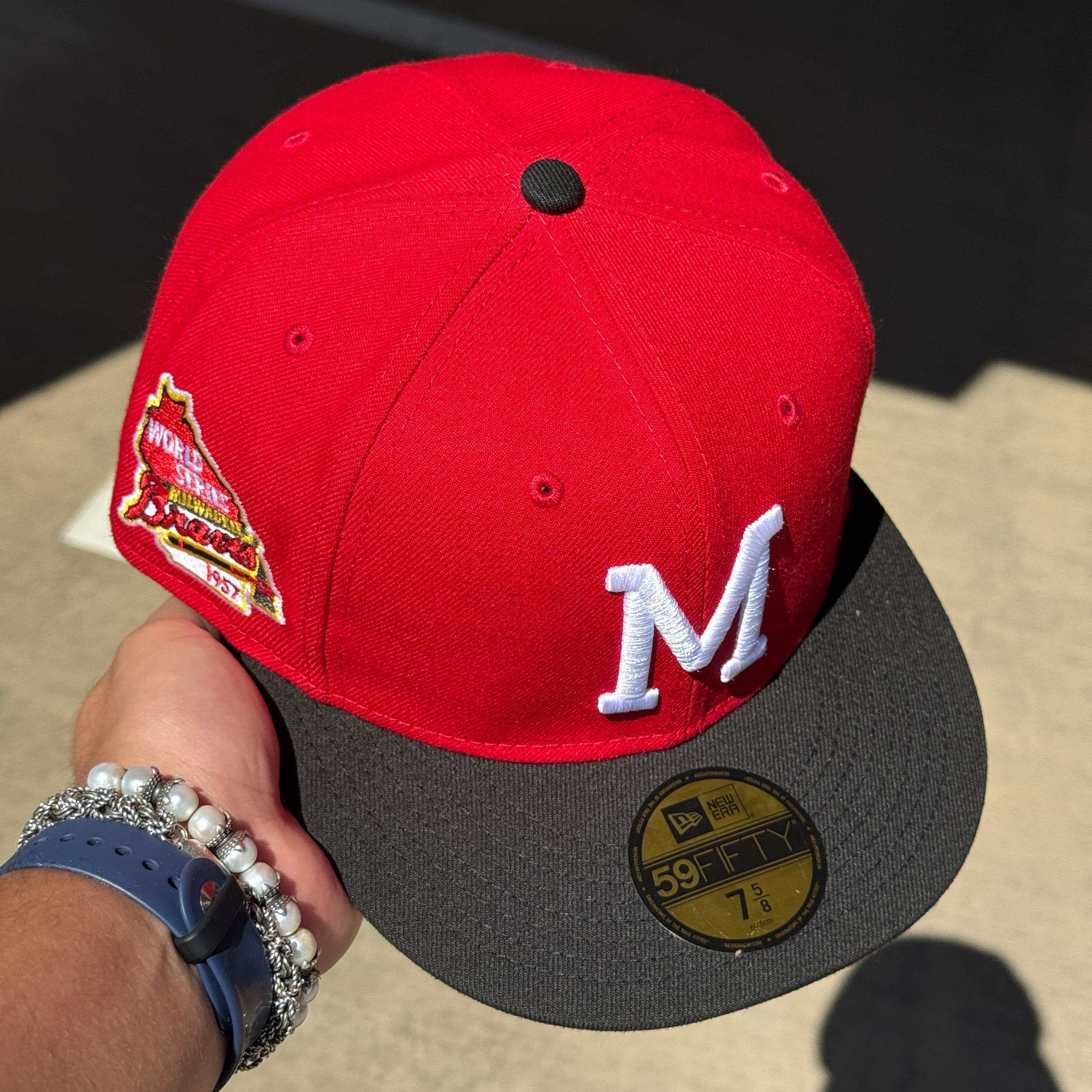 NWT 5/8 Red Milwuakee Brewers 1957 World Series 59fifty New Era Fitted Hat Cap