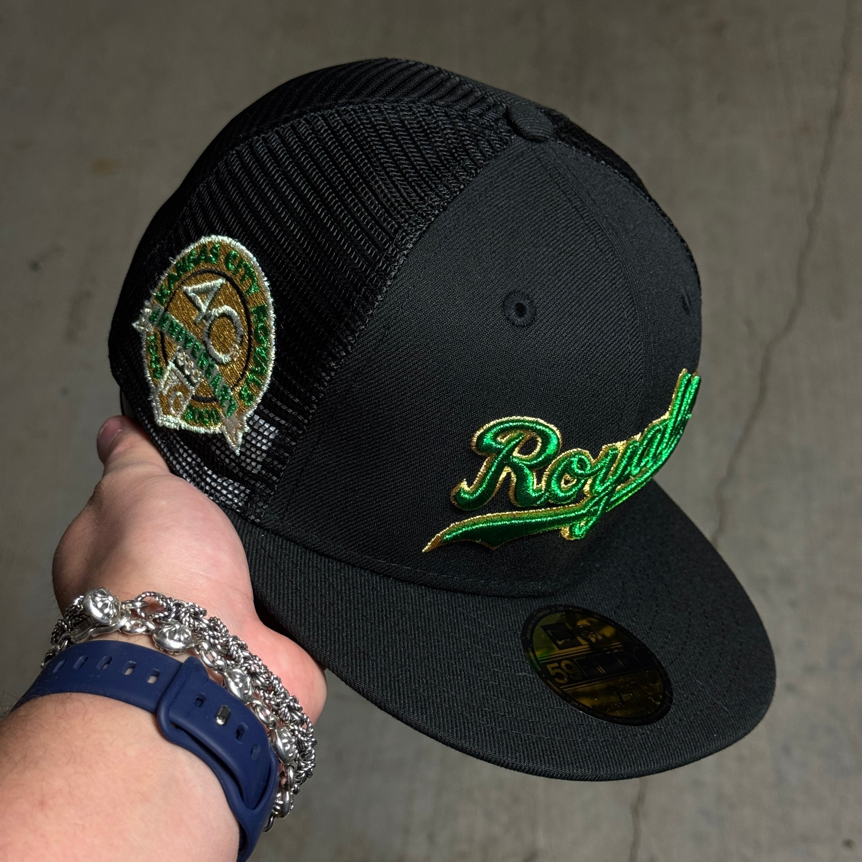 NWT 1/4 Black Trucker Kansas City Royals 40th Anniversary 59fifty New Era Fitted Hat Cap