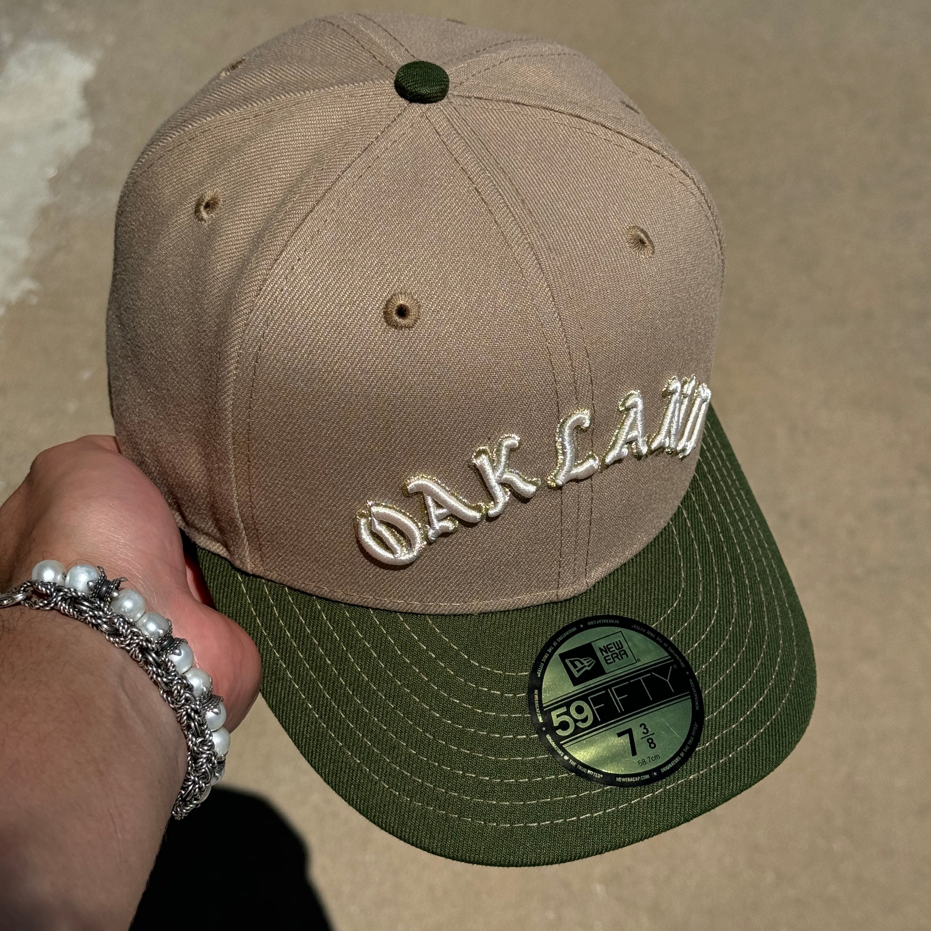 USED 3/8 Khaki Oakland Athletics Simple Dope Clean 59FIFTY New Era Fitted Hat