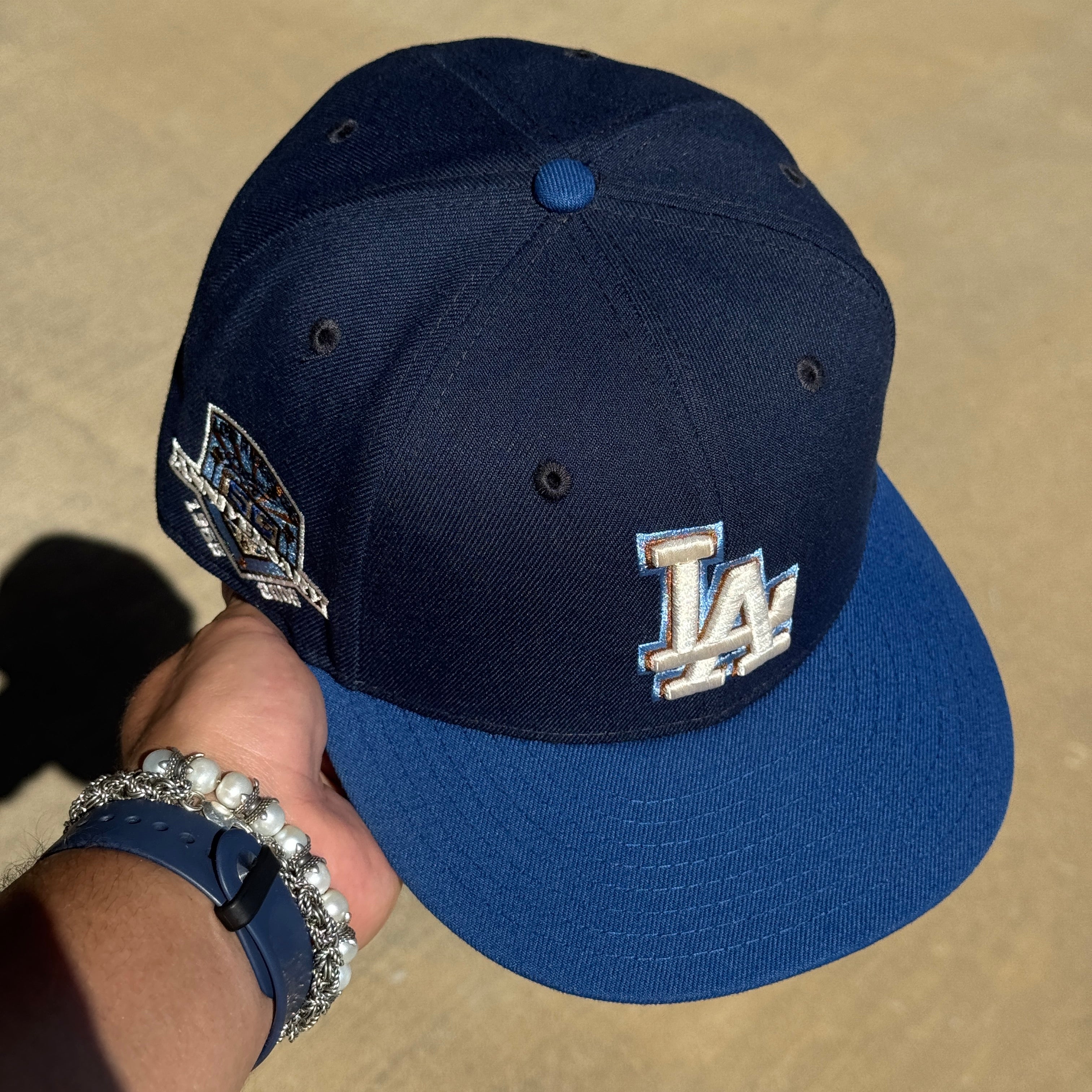 USED 5/8 Navy Los Angeles Dodgers 50th Anniversary 59fifty New Era Fitted Hat Cap