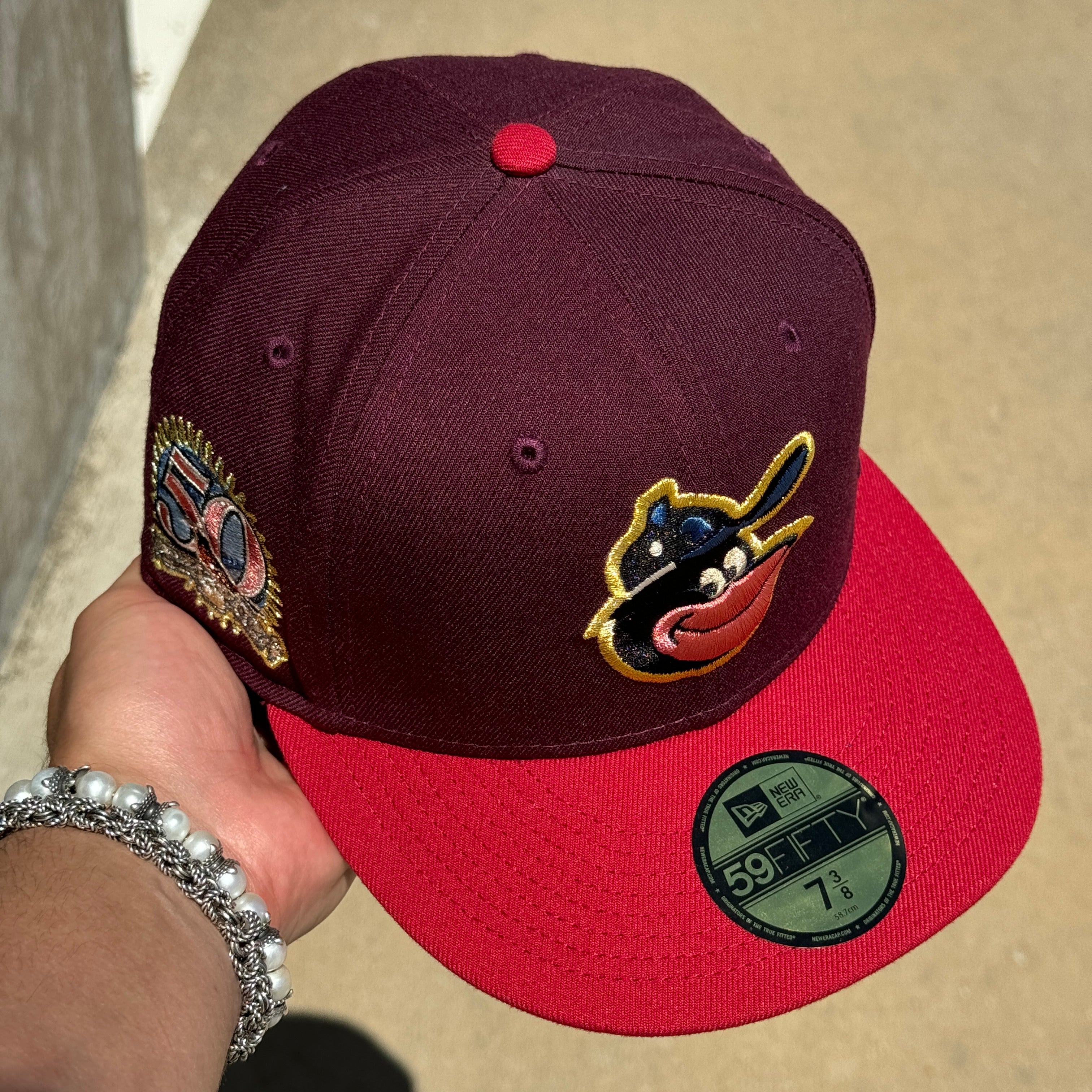 USED 3/8 Burgundy Baltimore Orioles 50th Anniversary 59FIFTY New Era Fitted Hat