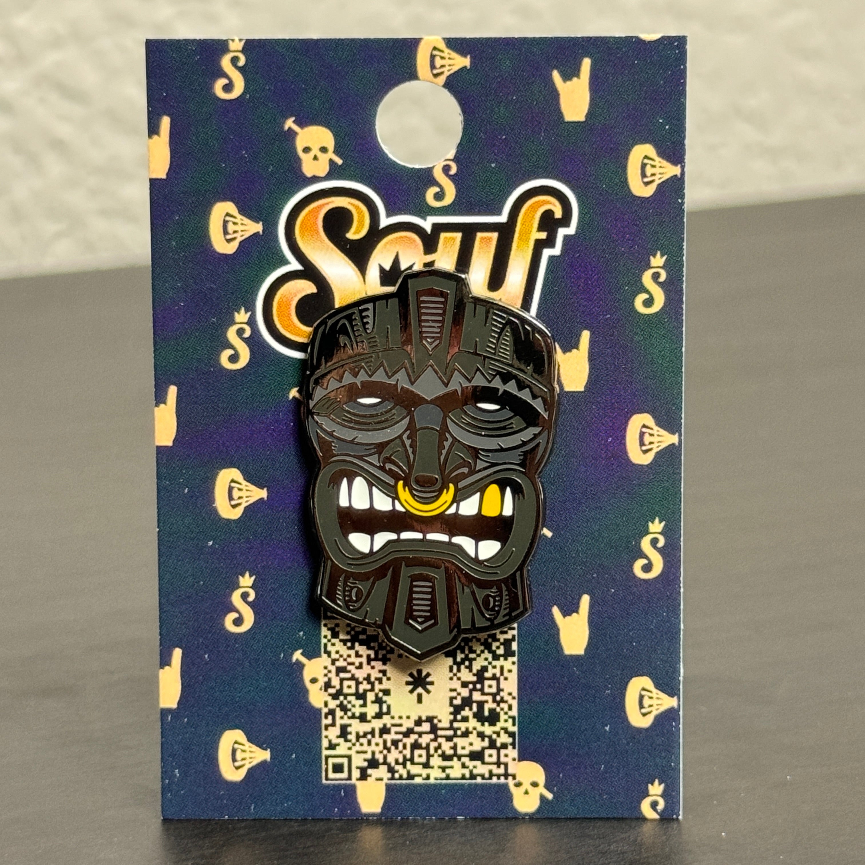 Black Tiki Mask Graphic Pin