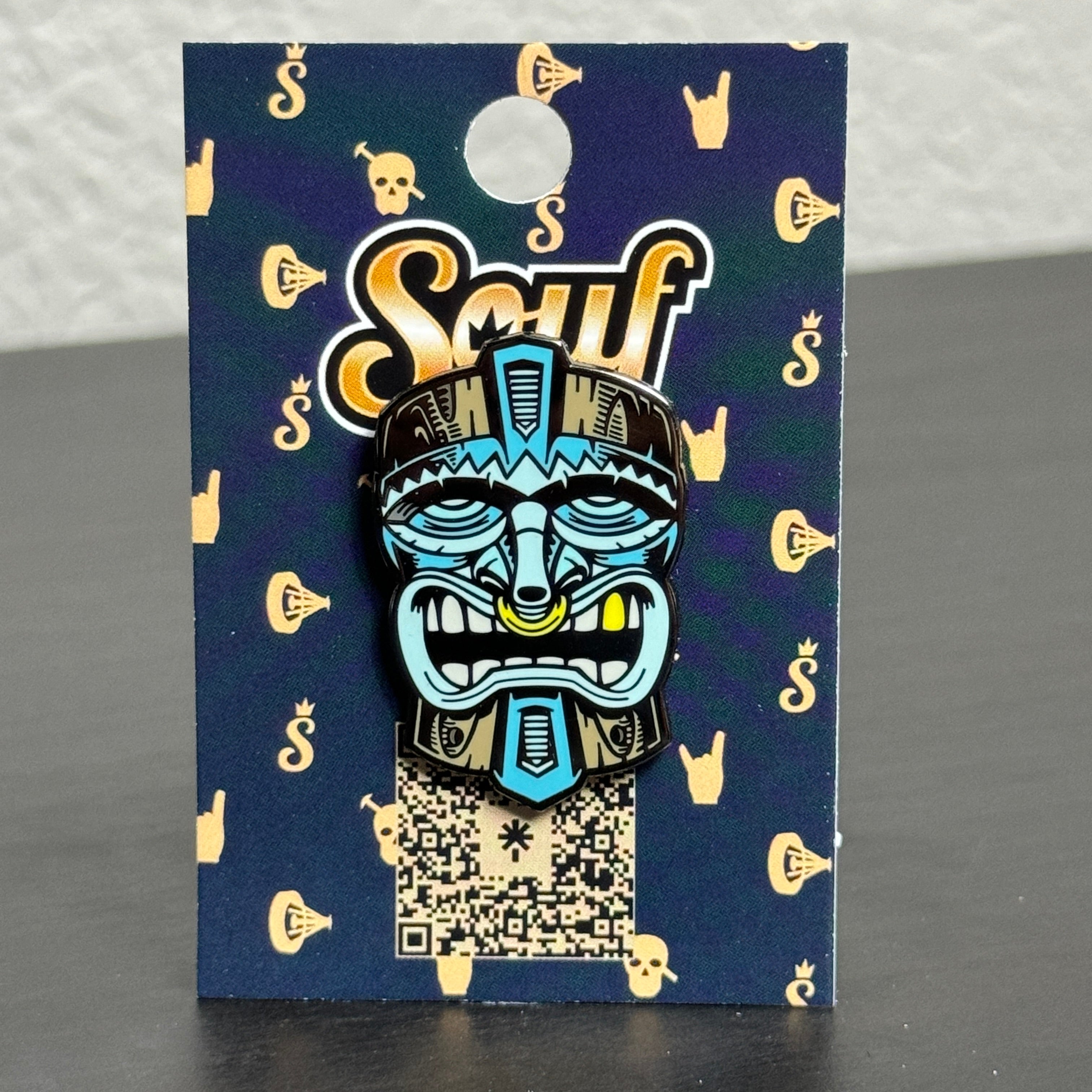 Sky Blue Tiki Mask Graphic Pin