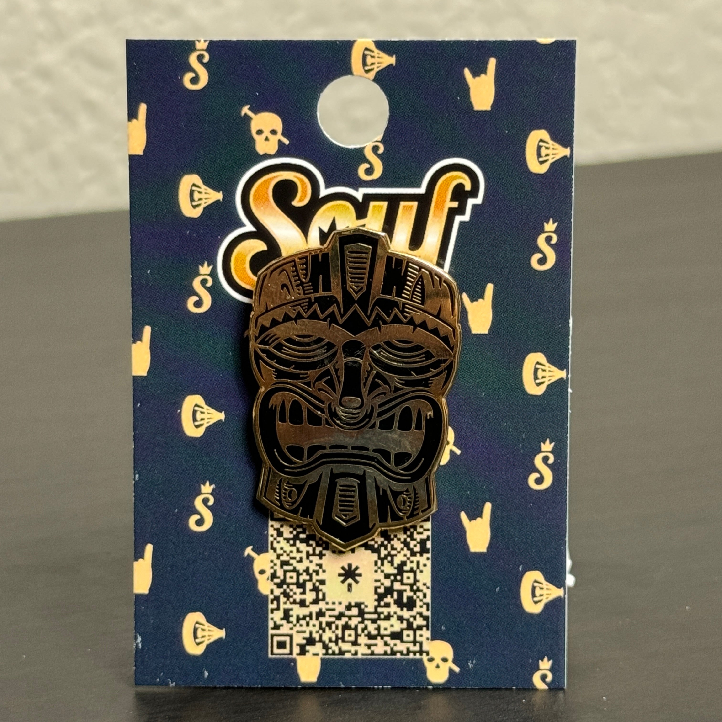 Silver Black Tiki Mask Graphic Pin