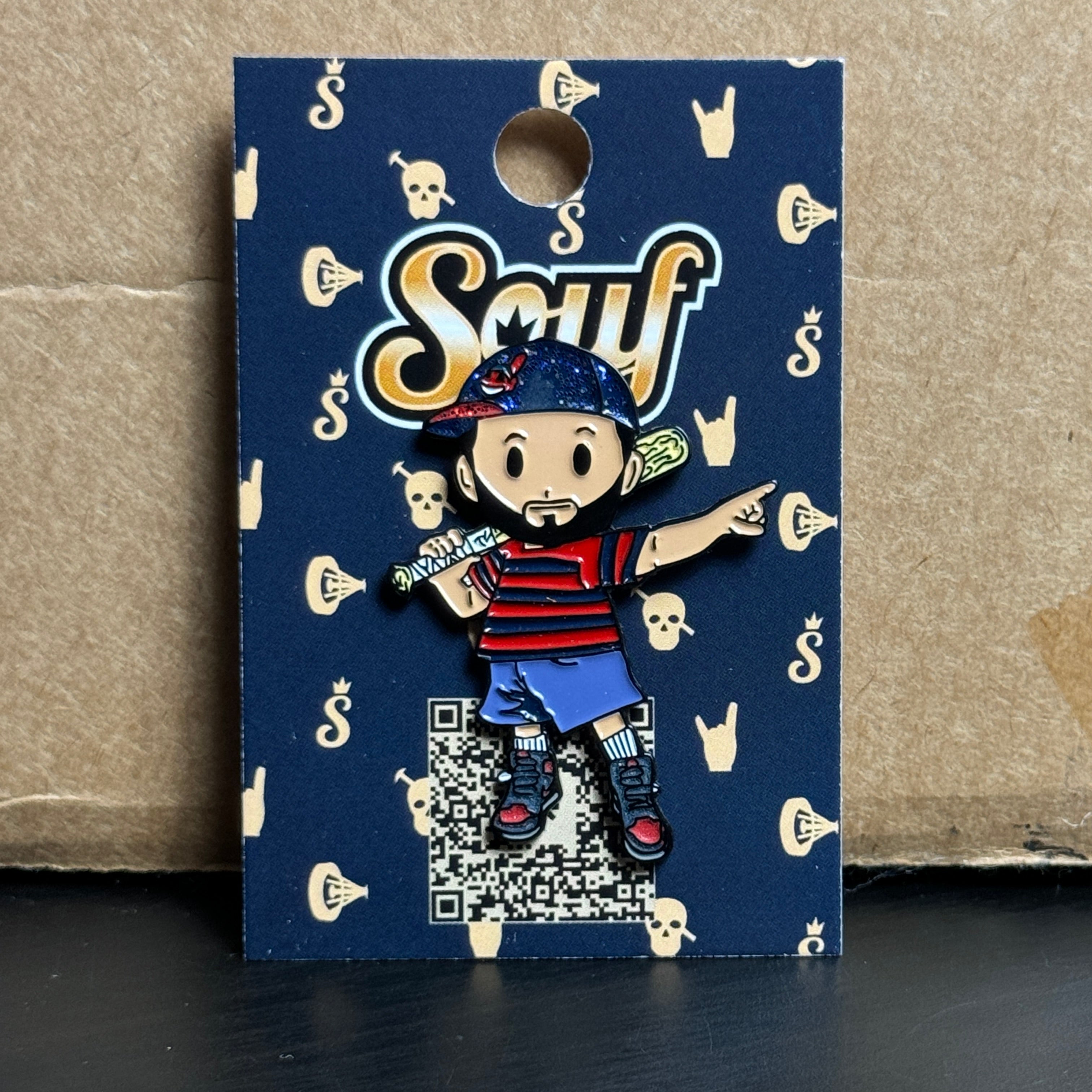 Blue Red Indians Man with Bat Graphic Pin