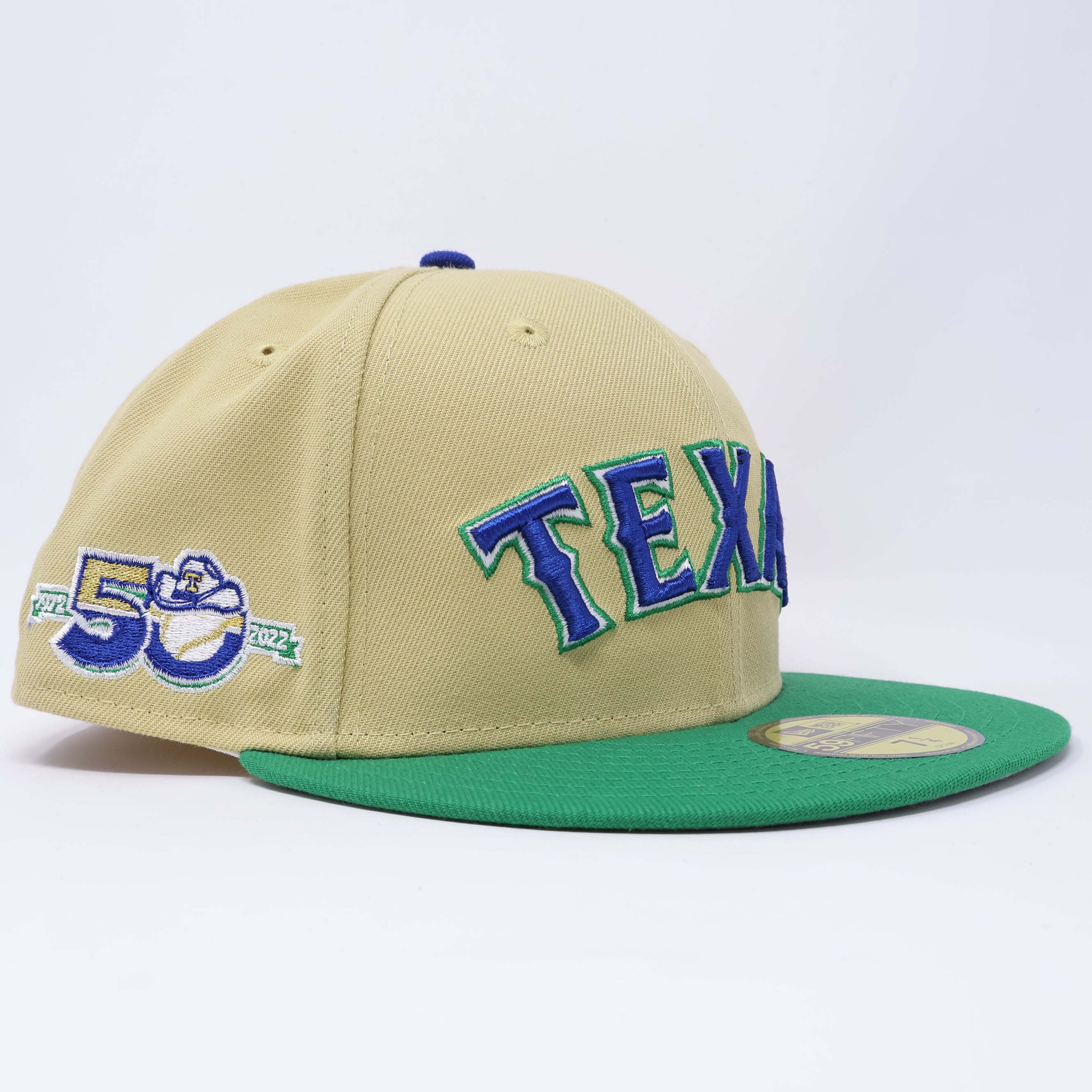 NWT 1/4 Khaki Dallas Texas Rangers 50th Anniversary 59fifty New Era Fitted Hat Cap