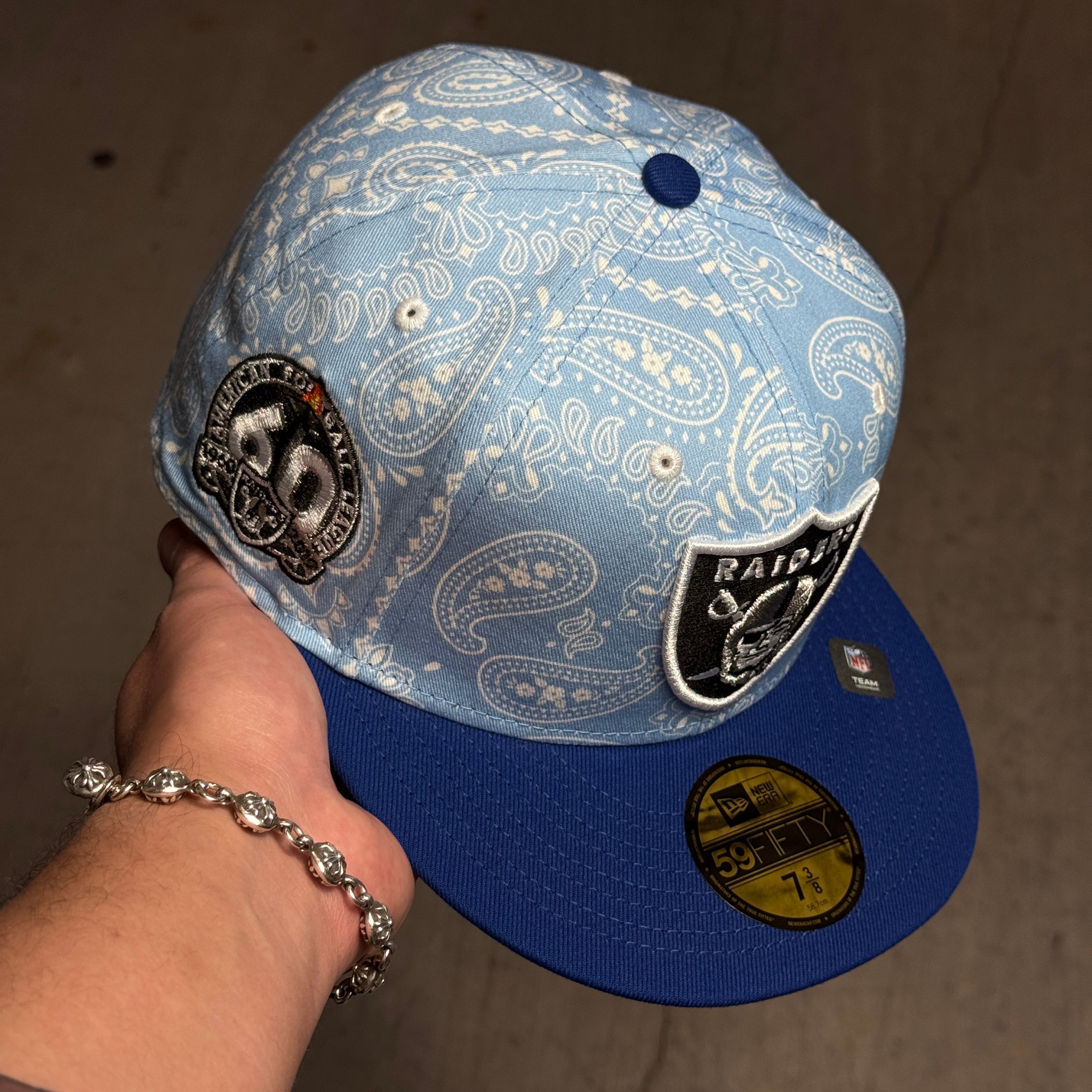 NWT 3/8 Blue Paisley Las Vegas Raiders 60th Anniversary 59fifty New Era Fitted Hat Cap
