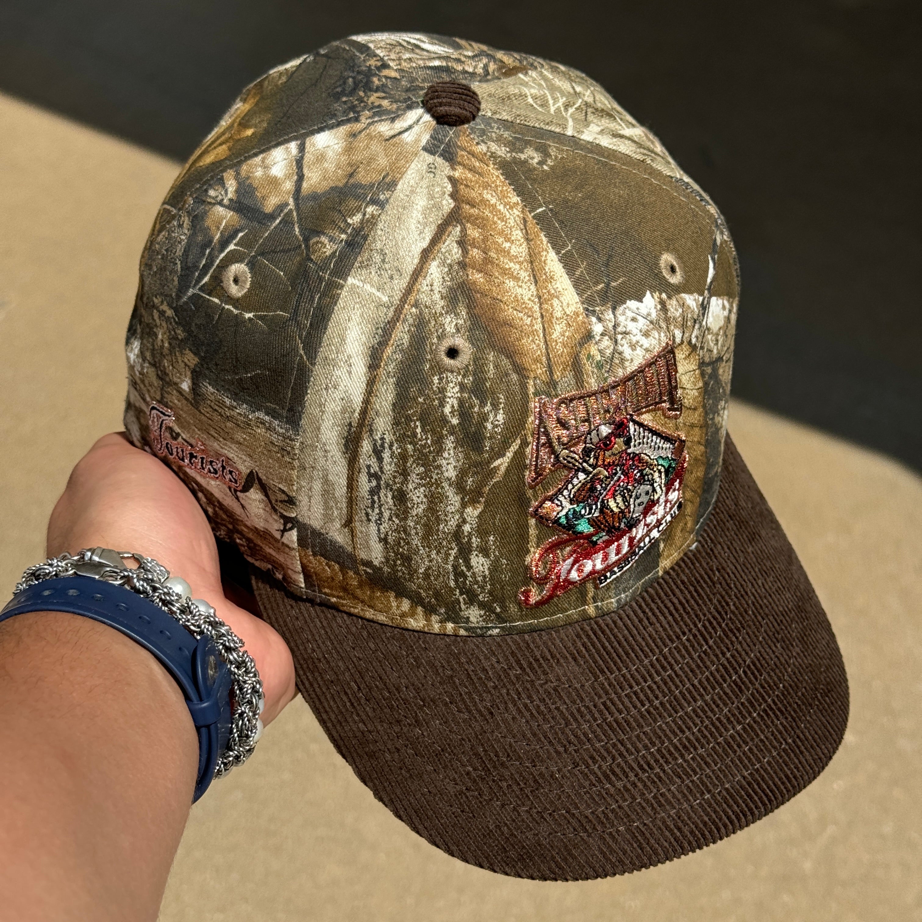 USED 3/8 Camo Realtree Asheville Tourists Minor League Corduroy New Era Fitted Hat Cap