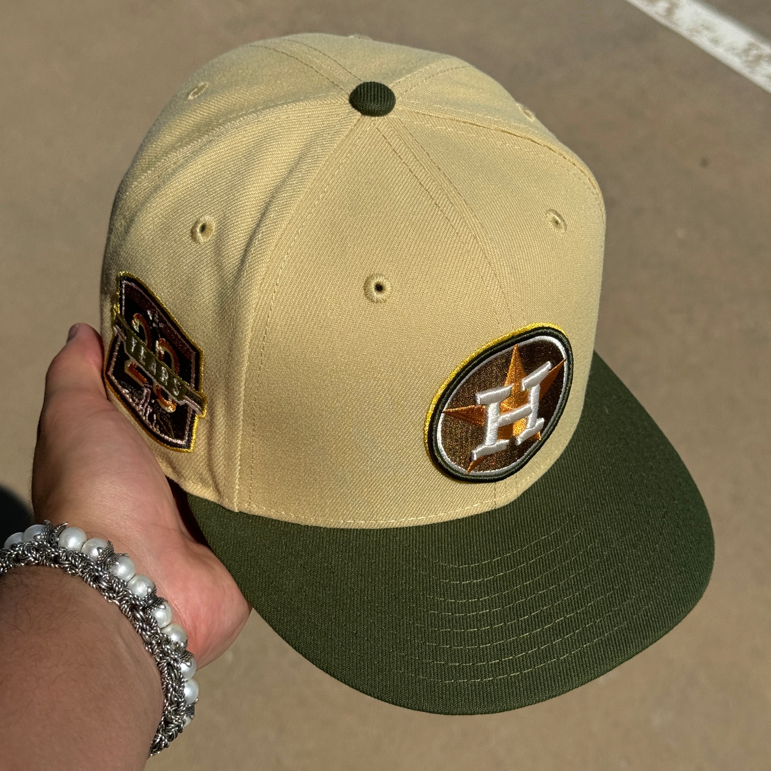 USED 1/2 Khaki Houston Astros 20th Anniversary 59fifty New Era Fitted Hat Cap