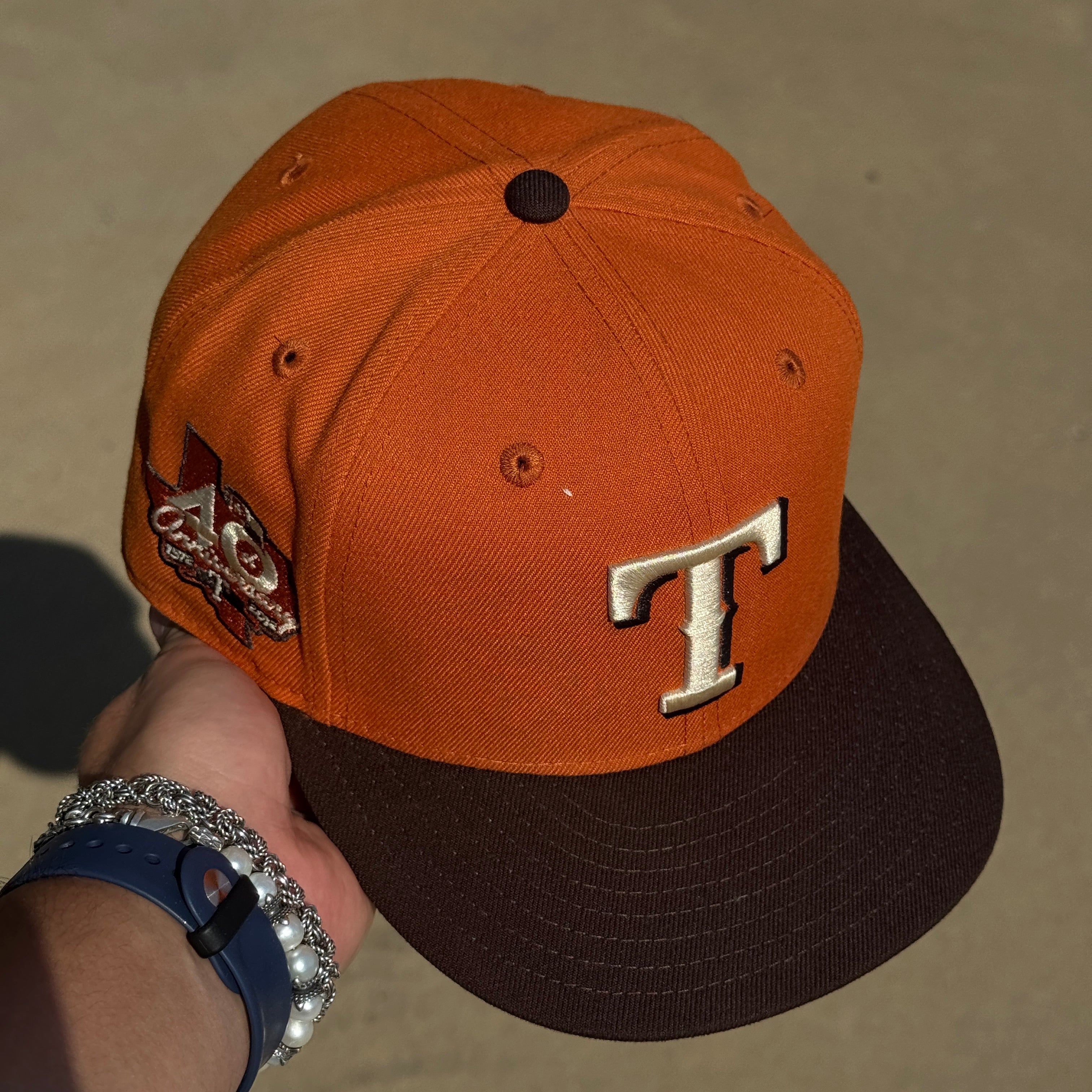 USED 5/8 Orange Dallas Texas Rangers 40th Anniversary 59fifty New Era Fitted Hat Cap