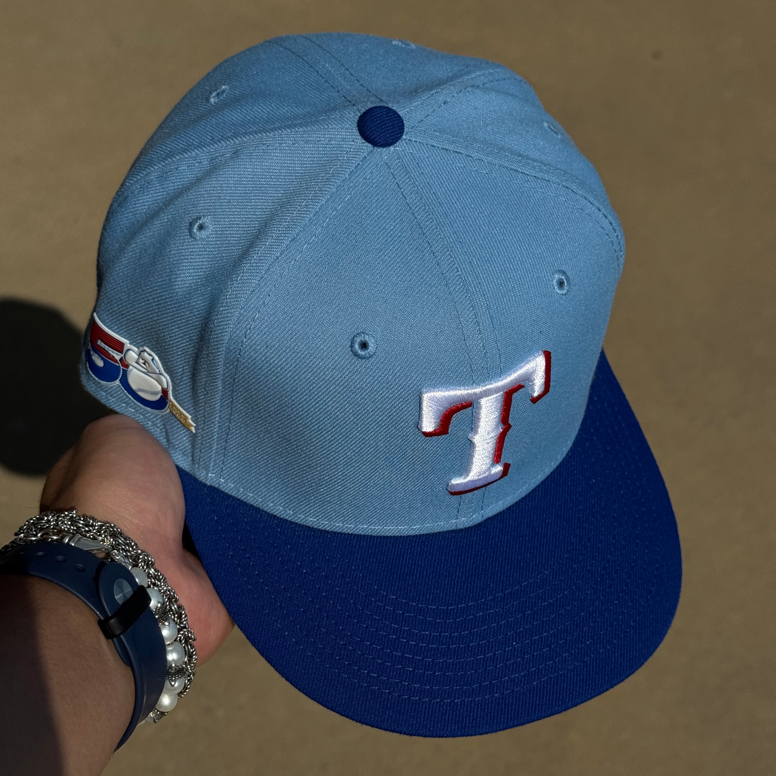 USED 5/8 Blue Dallas Texas Rangers 50th Anniversary 59fifty New Era Fitted Hat Cap