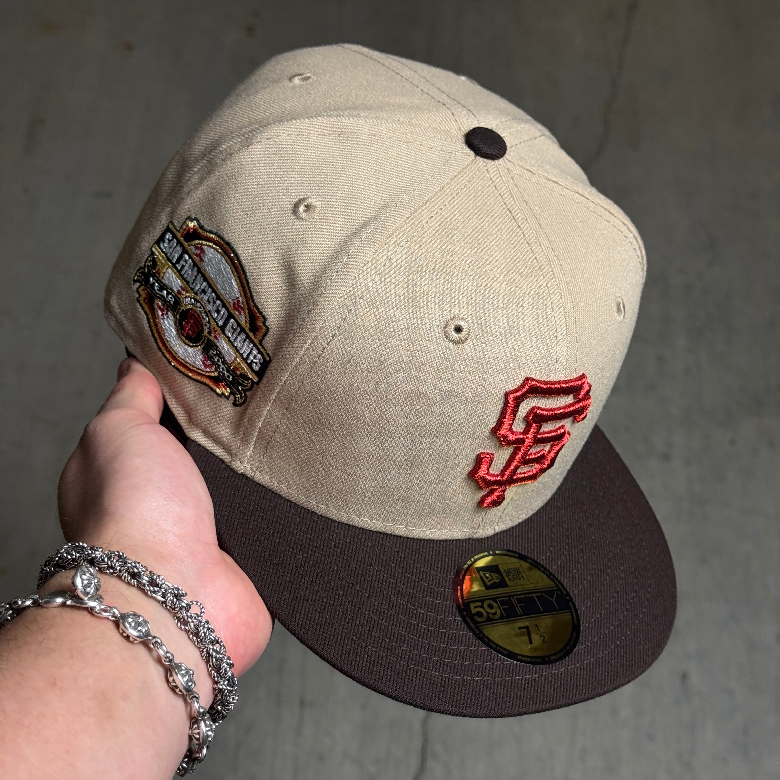 NWT 1/2 Khaki San Francisco Giants 2000 Year 59fifty New Era Fitted Hat Cap