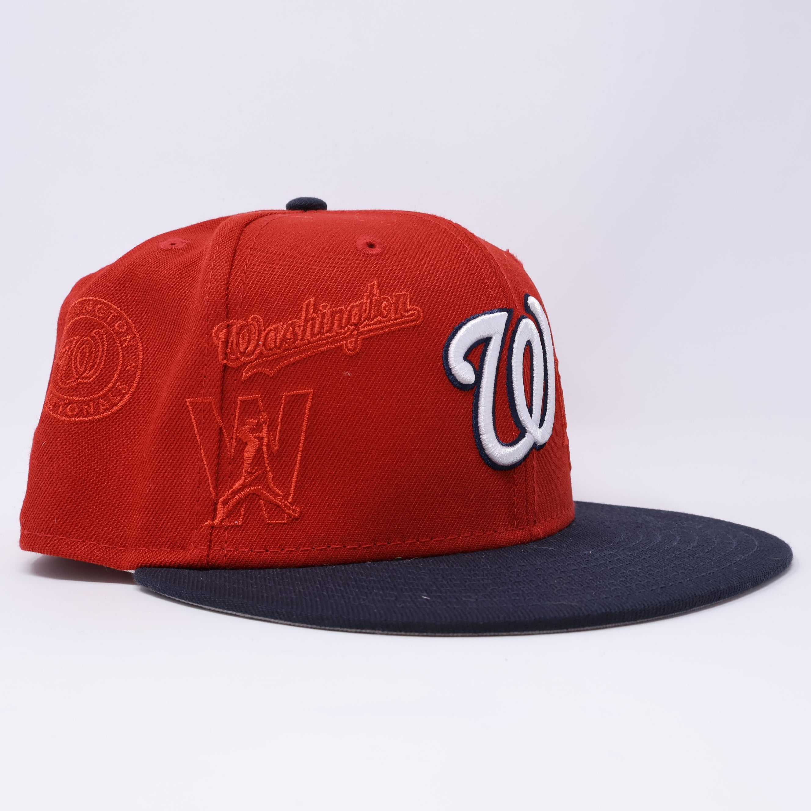 USED 3/8 Red Washington Nationals Stitched Logos 59fifty New Era Fitted Hat Cap