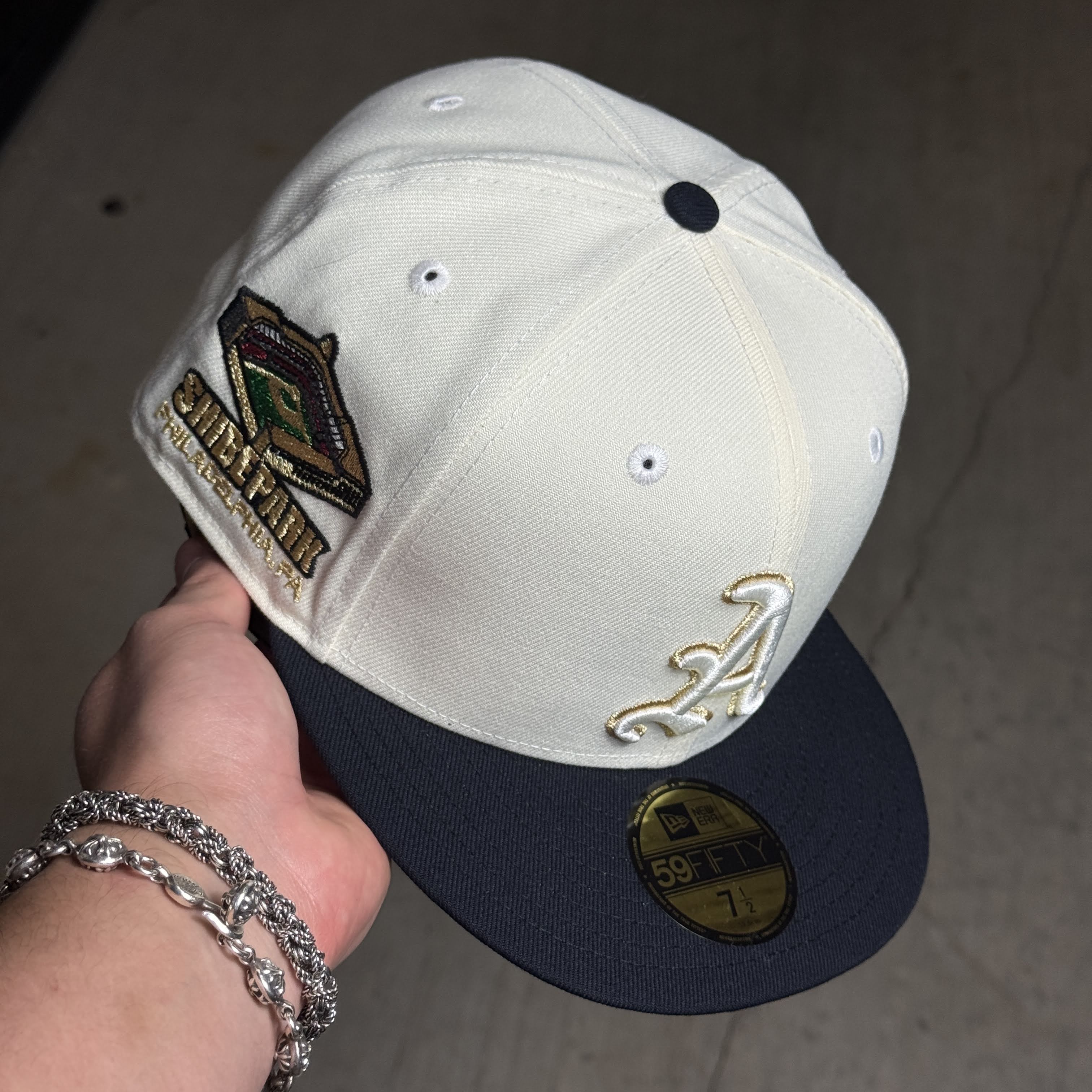 NWT 1/2 Chrome Oakland Athletics Shibe Park 59fifty New Era Fitted Hat Cap