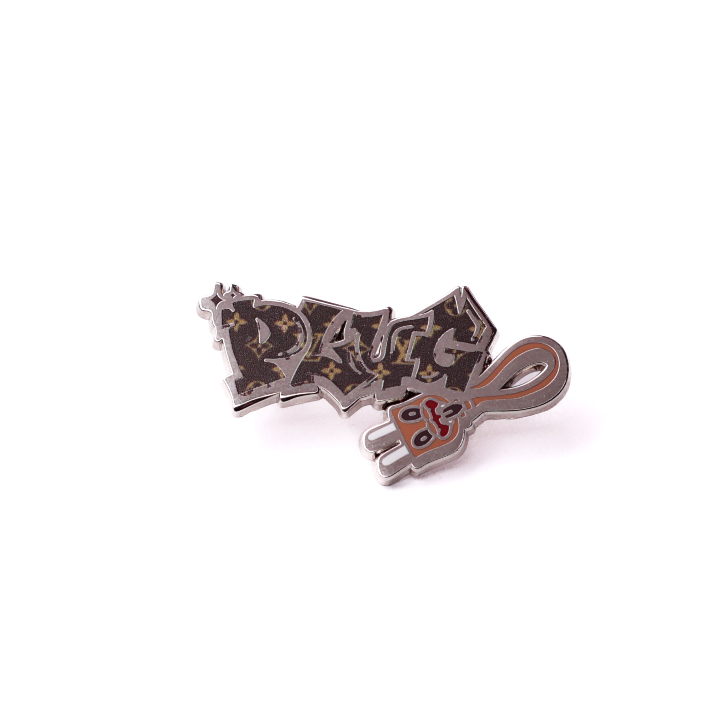 Brown Monogram Pattern "PLUG" Script Pin
