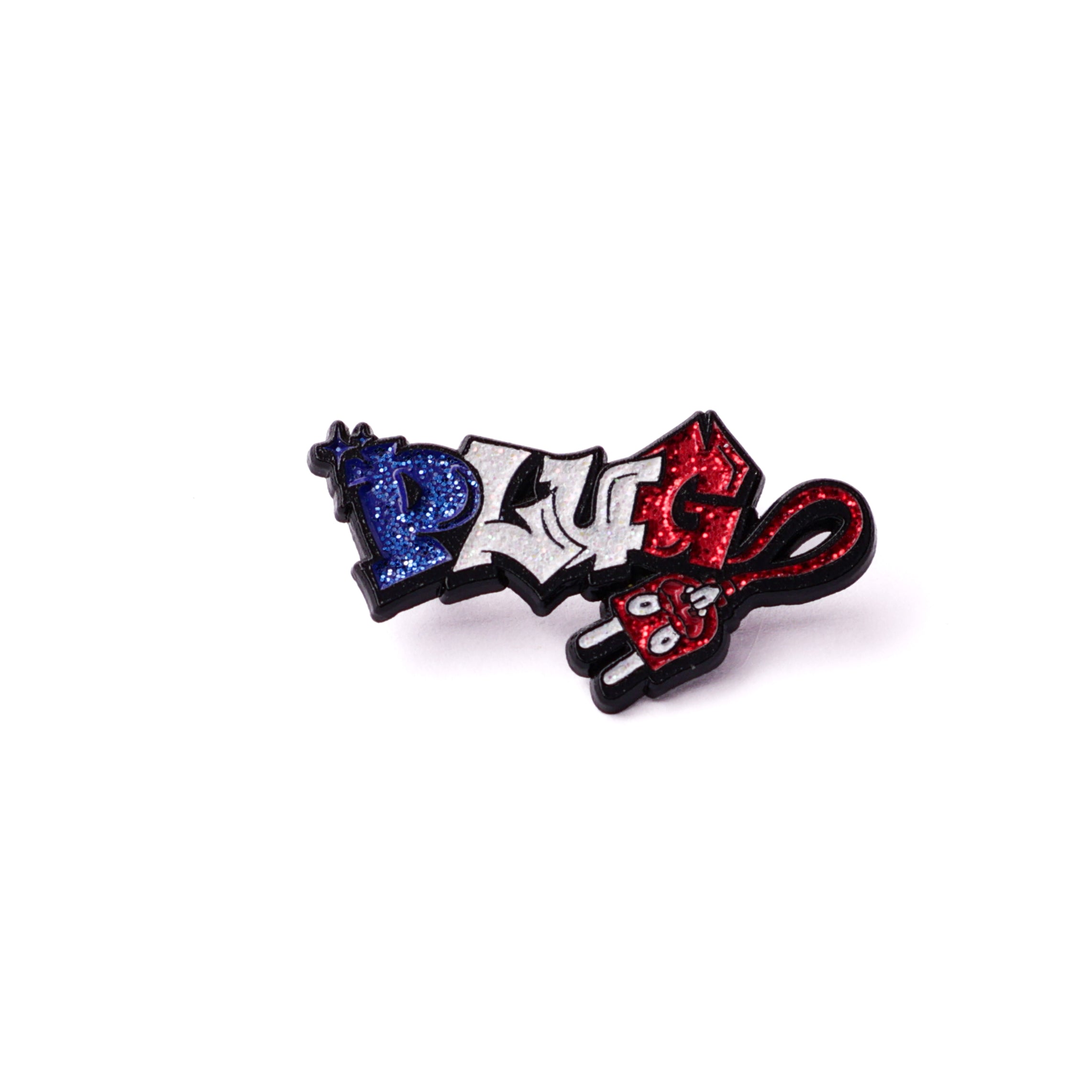 Blue/White/Red "PLUG" Script Pin