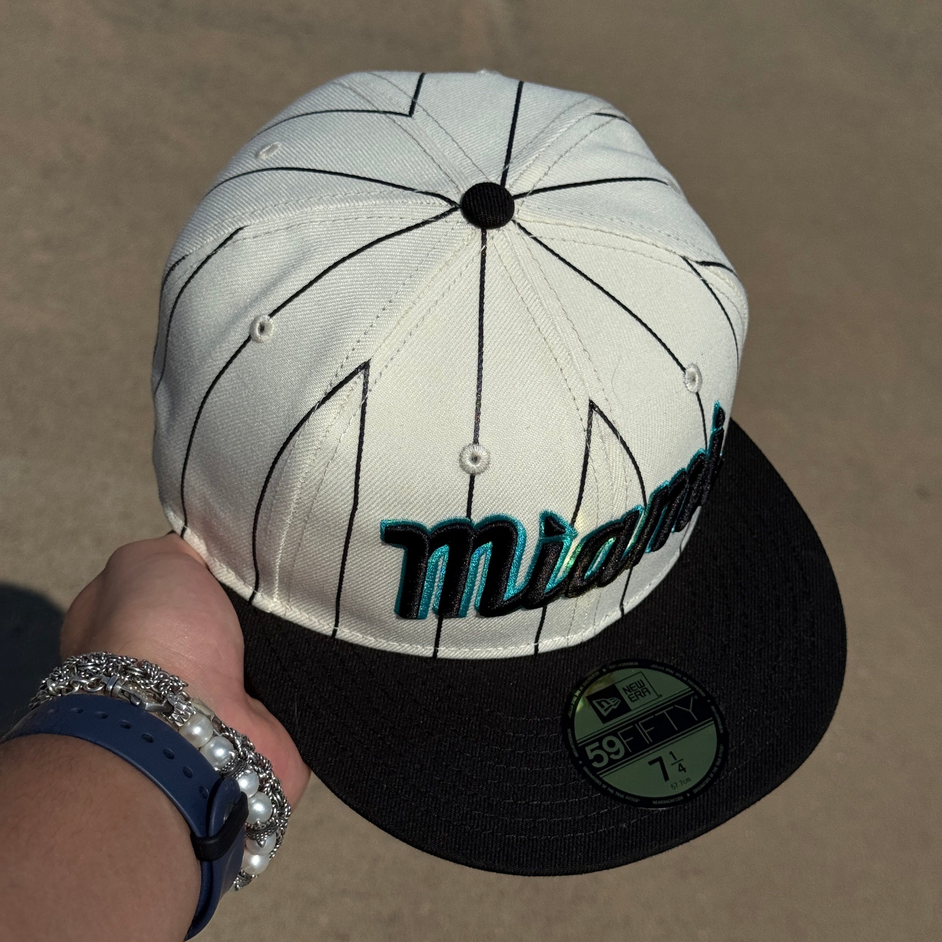 NWT 1/4 Chrome Pinstripe Miami Florida Marlins 59fifty New Era Fitted Hat Cap