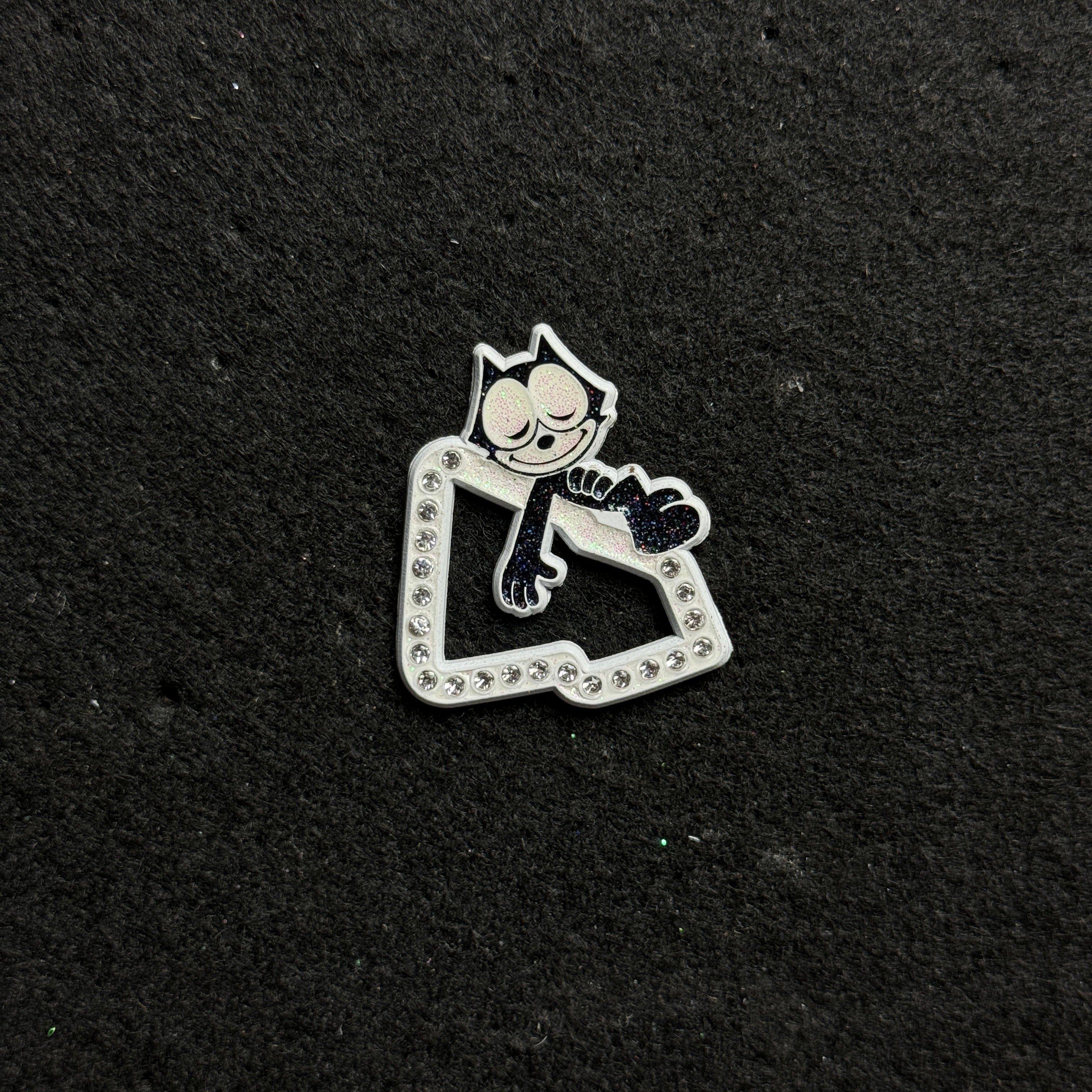 White Rhinestone Felix the Cat Flag Outline Pin