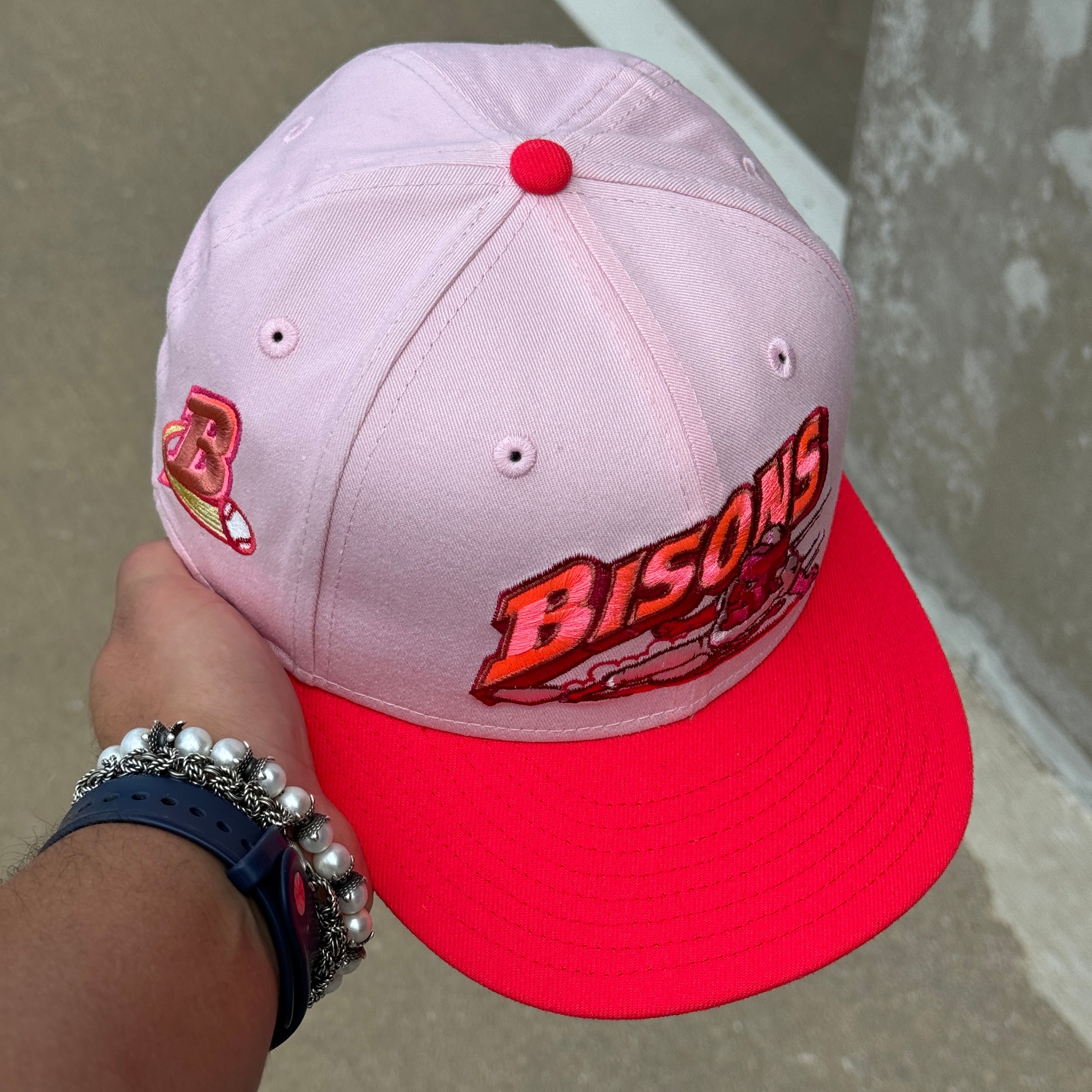 USED 1/8 Pink Buffalo Bisons New York B Logo Anniversary 59fifty New Era Fitted Hat Cap