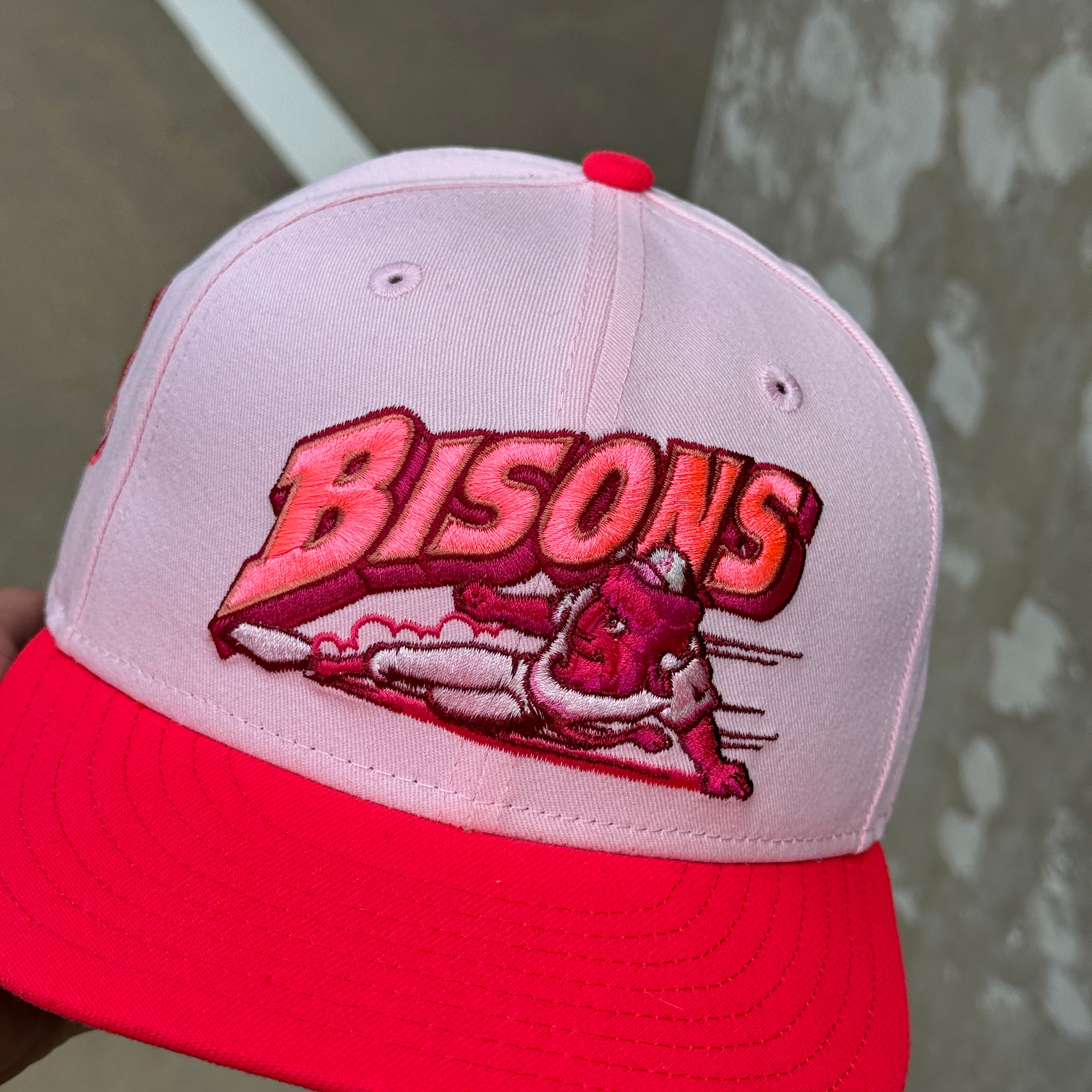 USED 1/8 Pink Buffalo Bisons New York B Logo Anniversary 59fifty New Era Fitted Hat Cap