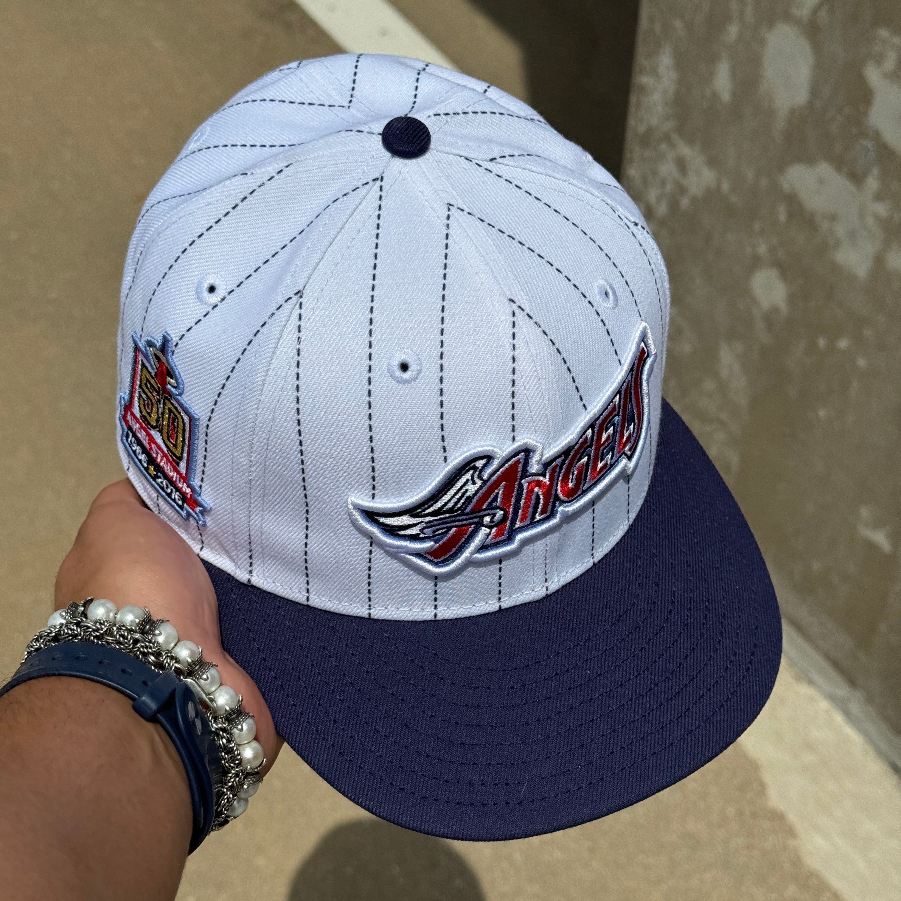 USED 1/8 White Pinstripe Los Angeles Angels 50th Anniversary 59fifty New Era Fitted Hat Cap