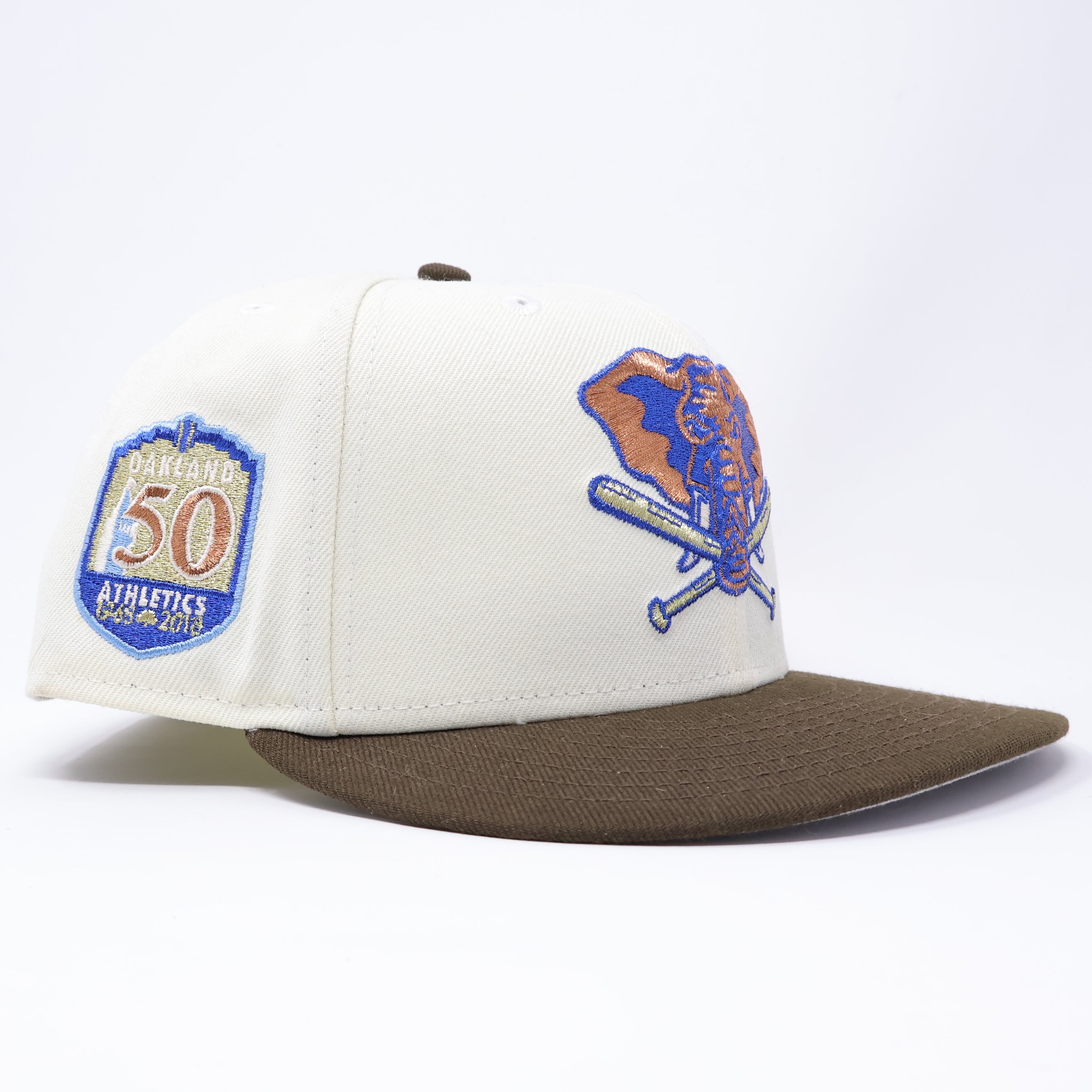 USED 3/8 Chrome Oakland Athletics 50th Anniversary 59fifty New Era Fitted Hat Cap