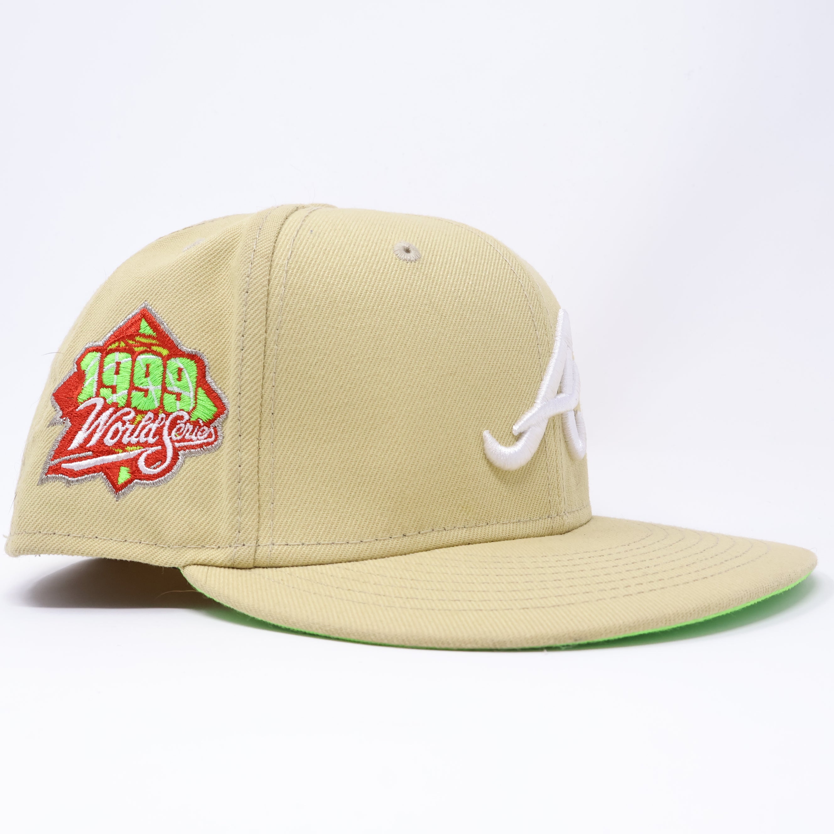 USED 3/8 Khaki Atlanta Braves 1999 World Series 59fifty New Era Fitted Hat Cap