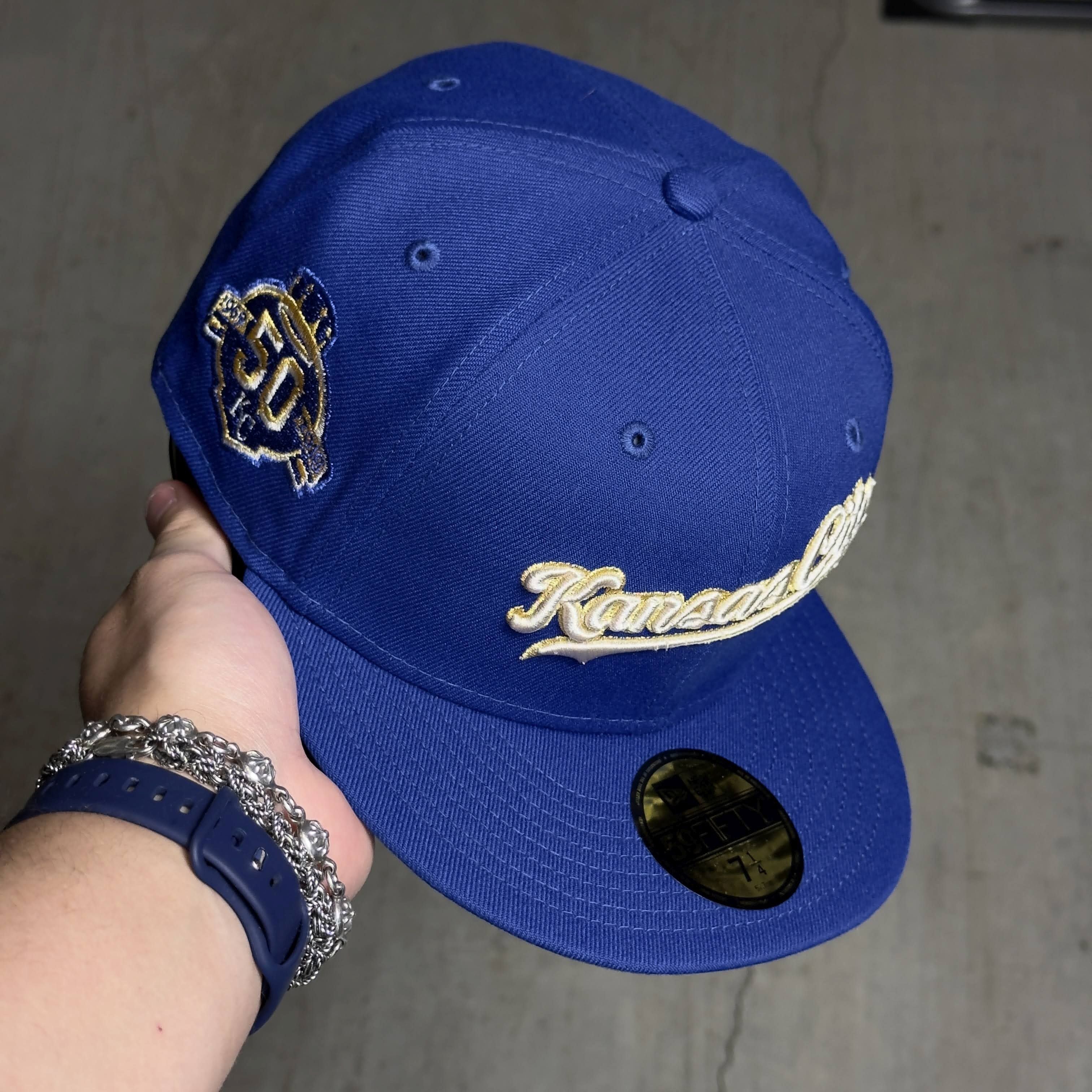 NWT 1/4 Blue Kansas City Royals 50th Anniversary 59fifty New Era Fitted Hat Cap