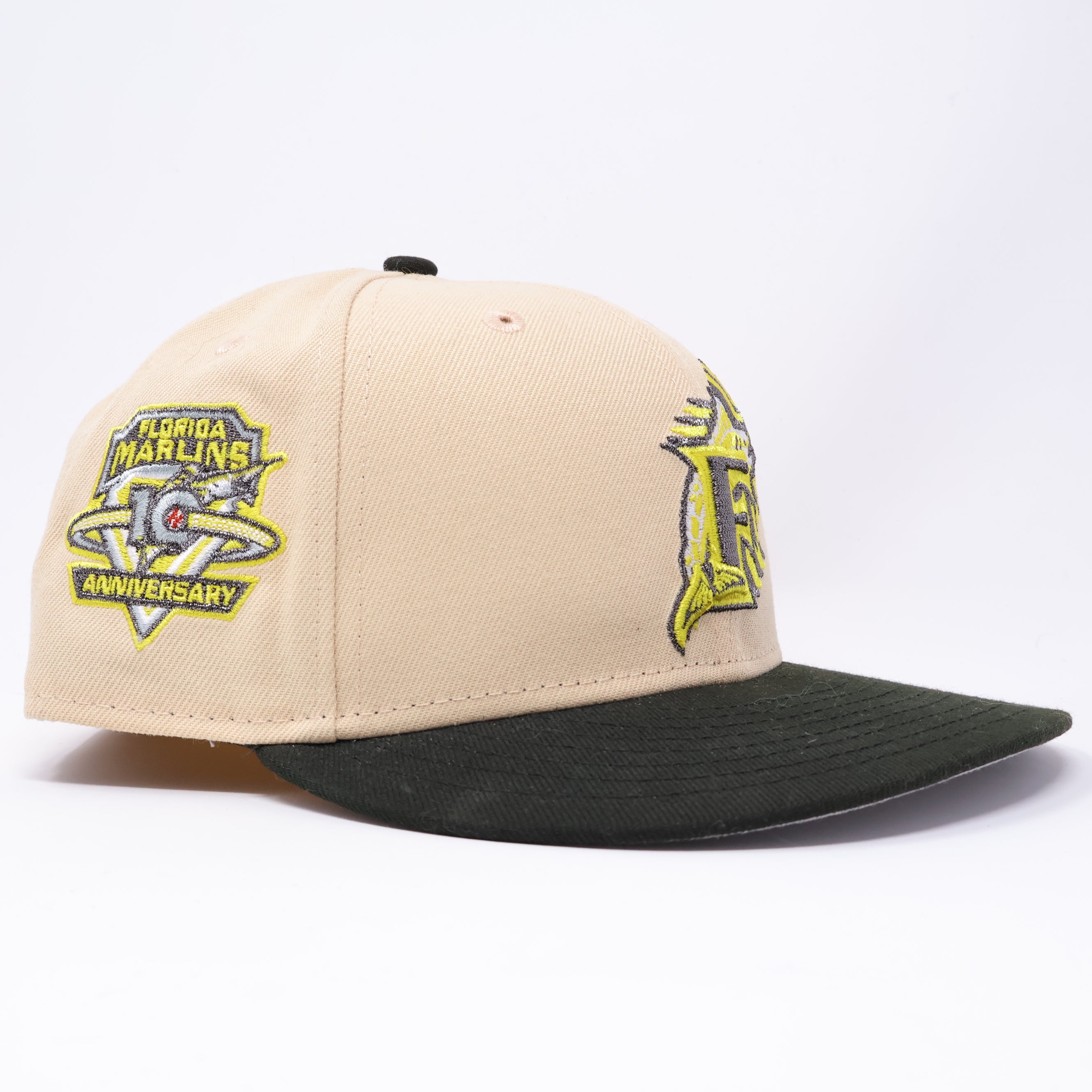 USED 3/8 Khaki Florida Marlins 10th Anniversary 59fifty New Era Fitted Hat Cap