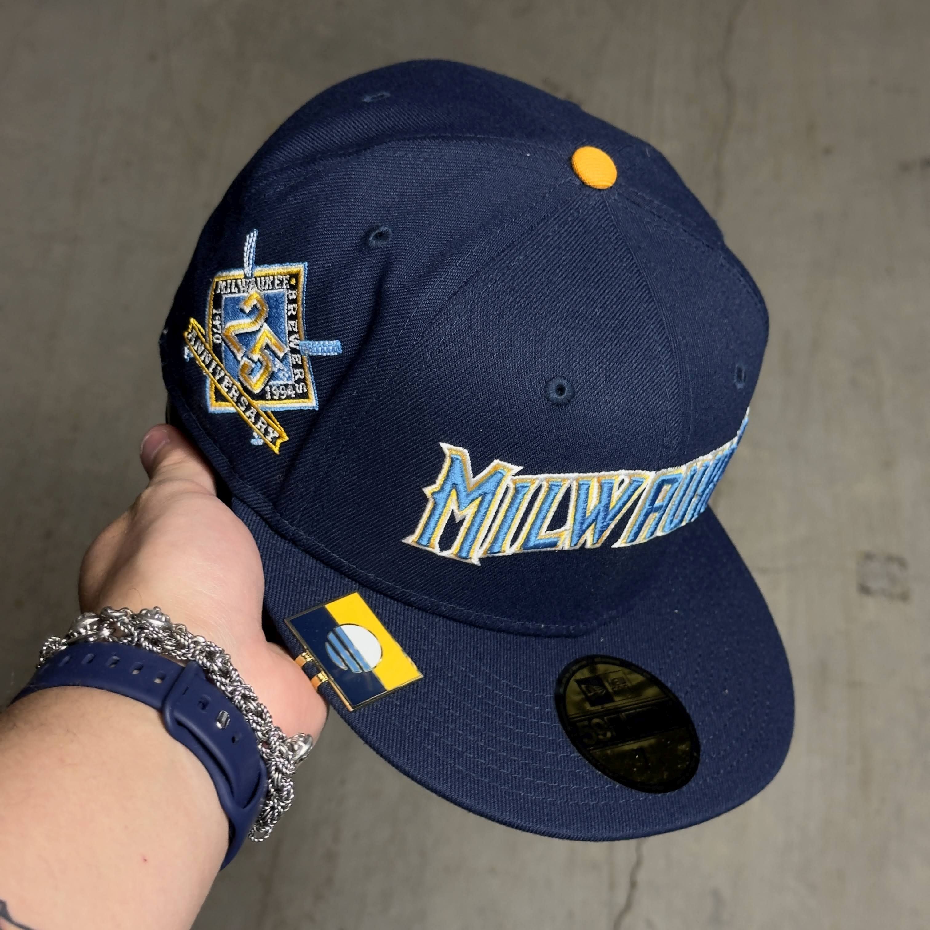 NWT 1/4 Navy Milwaukee Brewers 25th Anniversary 59fifty New Era Fitted Hat Cap