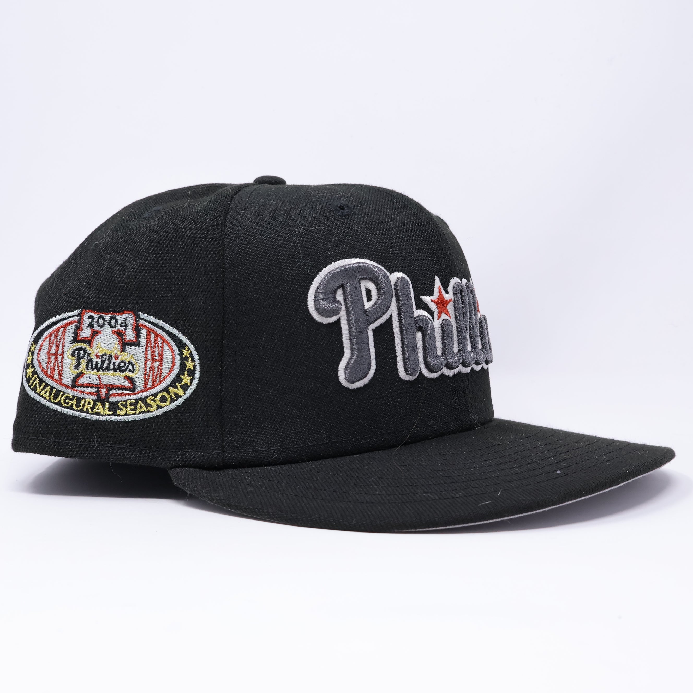 USED 3/8 Black Philadelphia Phillies Inaugural Season 59fifty New Era Fitted Hat Cap