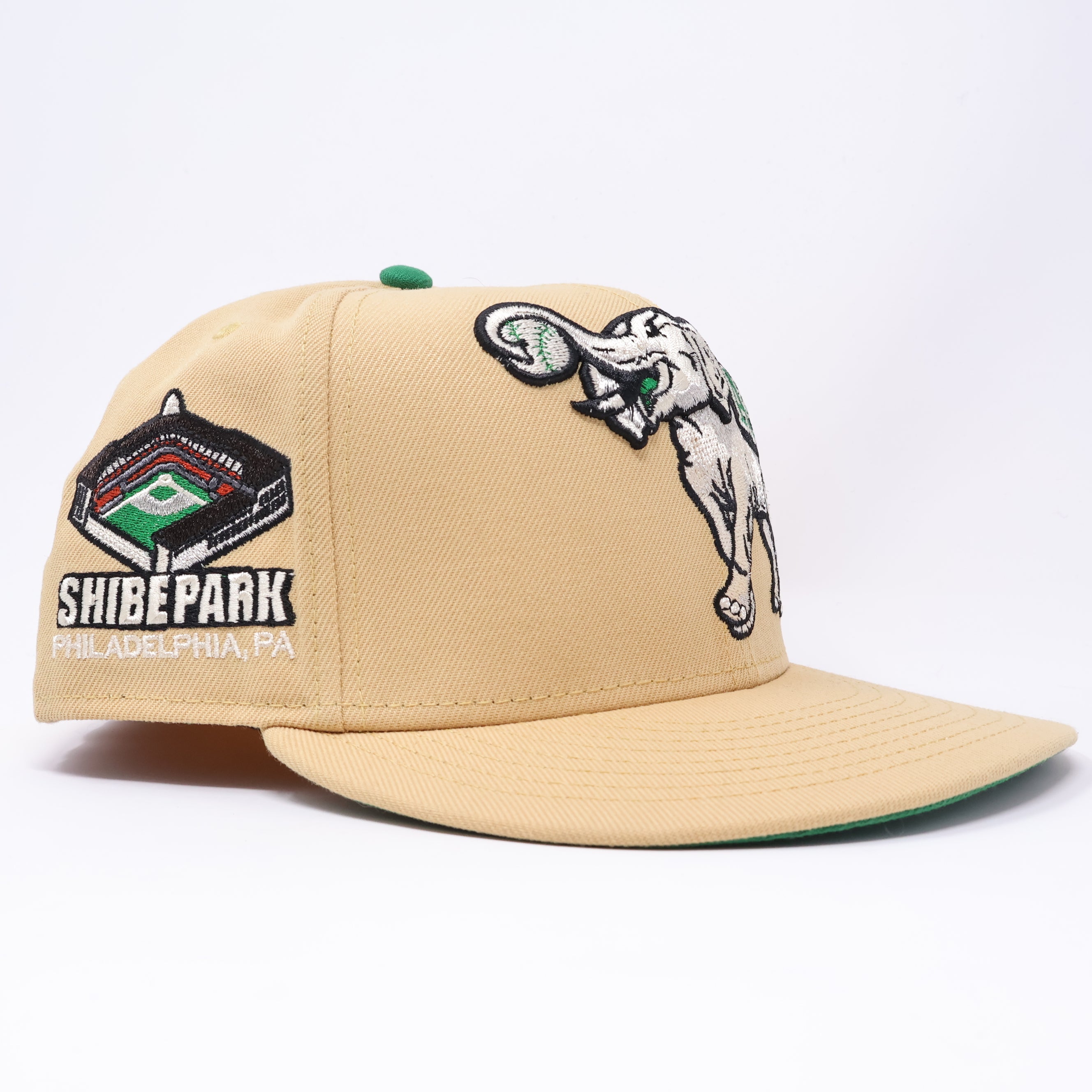 USED 1/2 Khaki Oakland Athletics Shibe Park 59fifty New Era Fitted Hat Cap