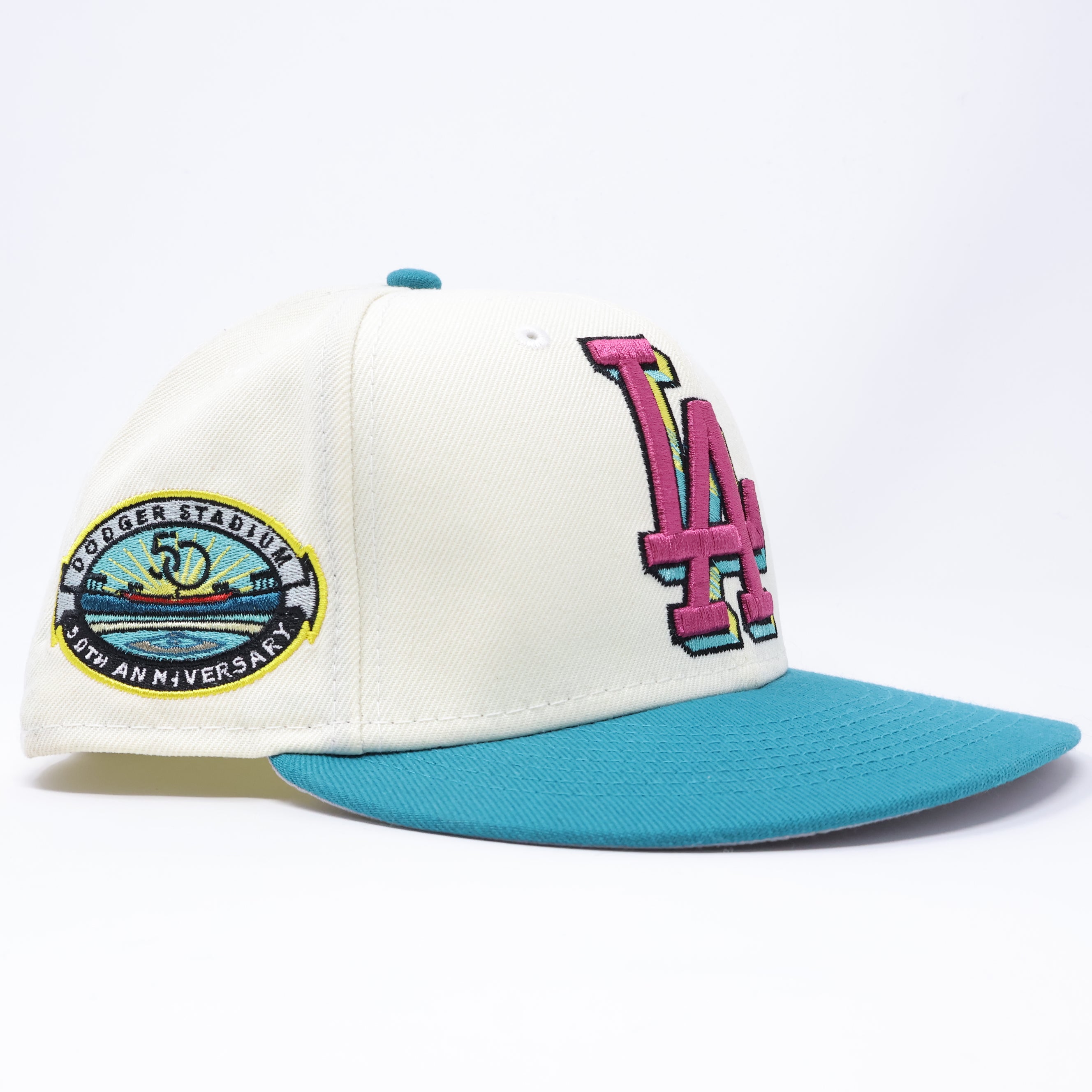 USED 3/8 Chrome Los Angeles Dodgers 50th Anniversary 59fifty New Era Fitted Hat Cap