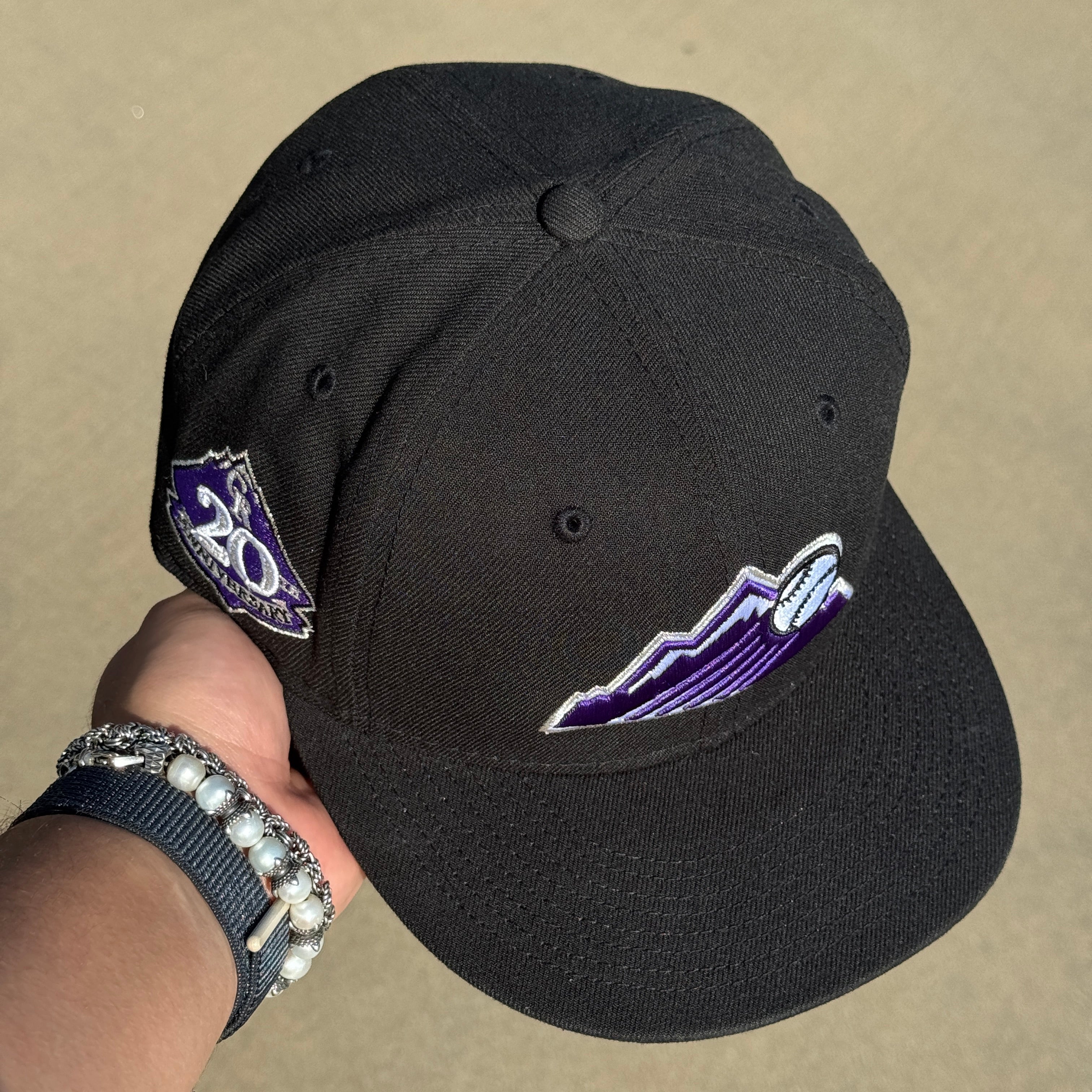 USED 5/8 Black Colorado Rockies 20th Anniversary 59fifty New Era Fitted Hat Cap