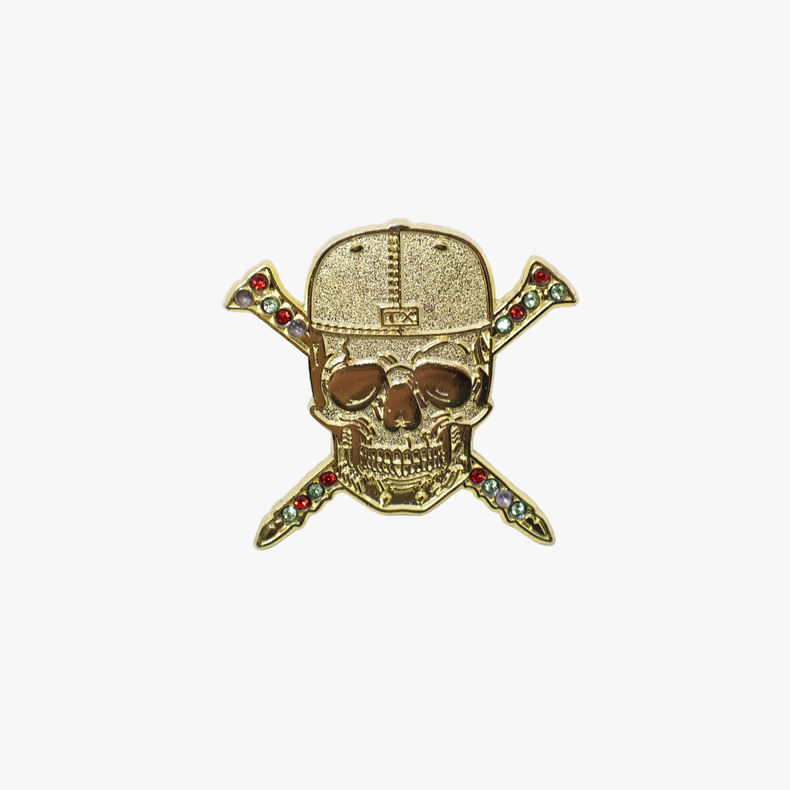 TXFitted Skull Screws Gold Skull Gold Plating Red/Green Rhinestones Graphic Pin
