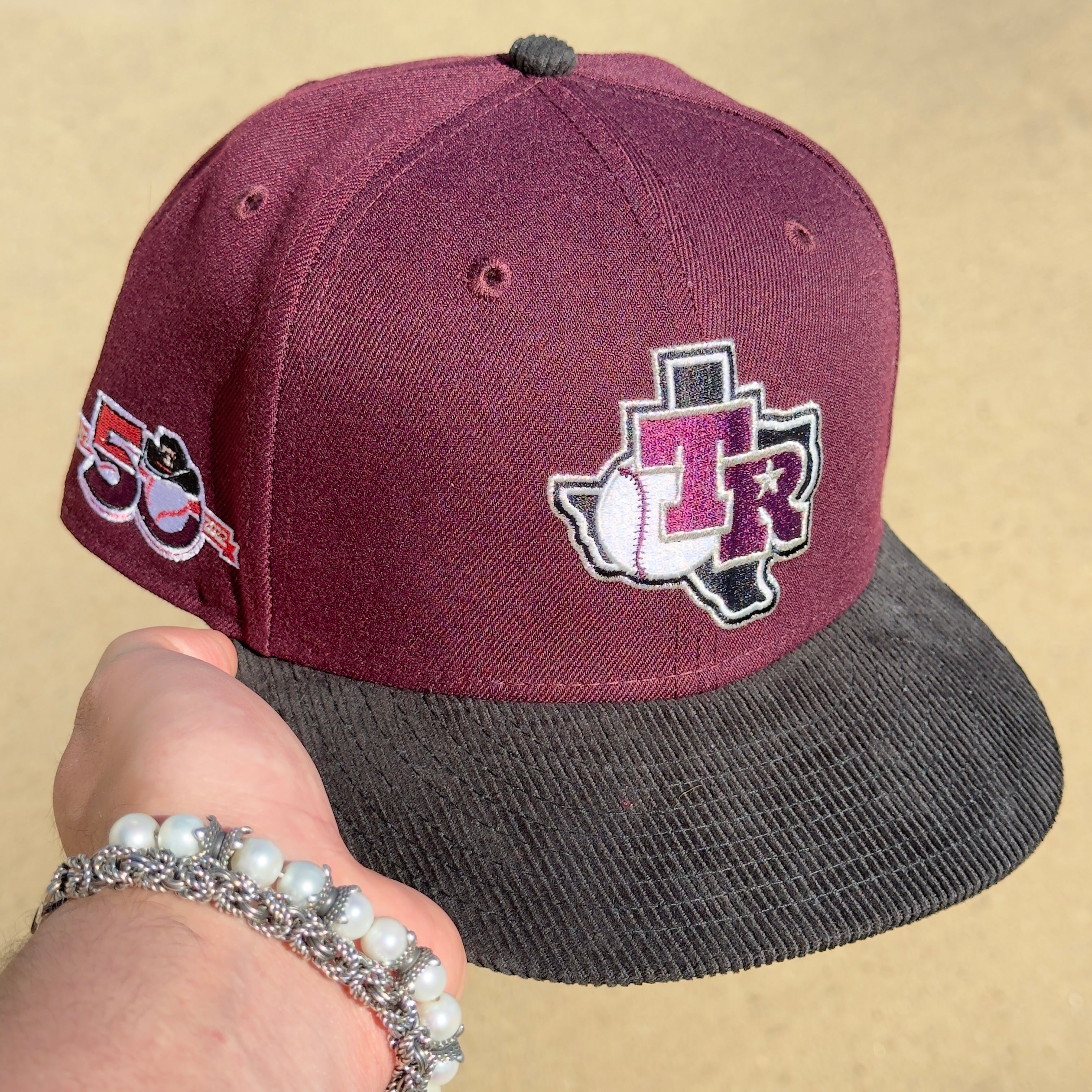 7 1/2 USED Burgundy Texas Rangers 50 Years Corduroy 59fifty New Era Fitted Cap Hat