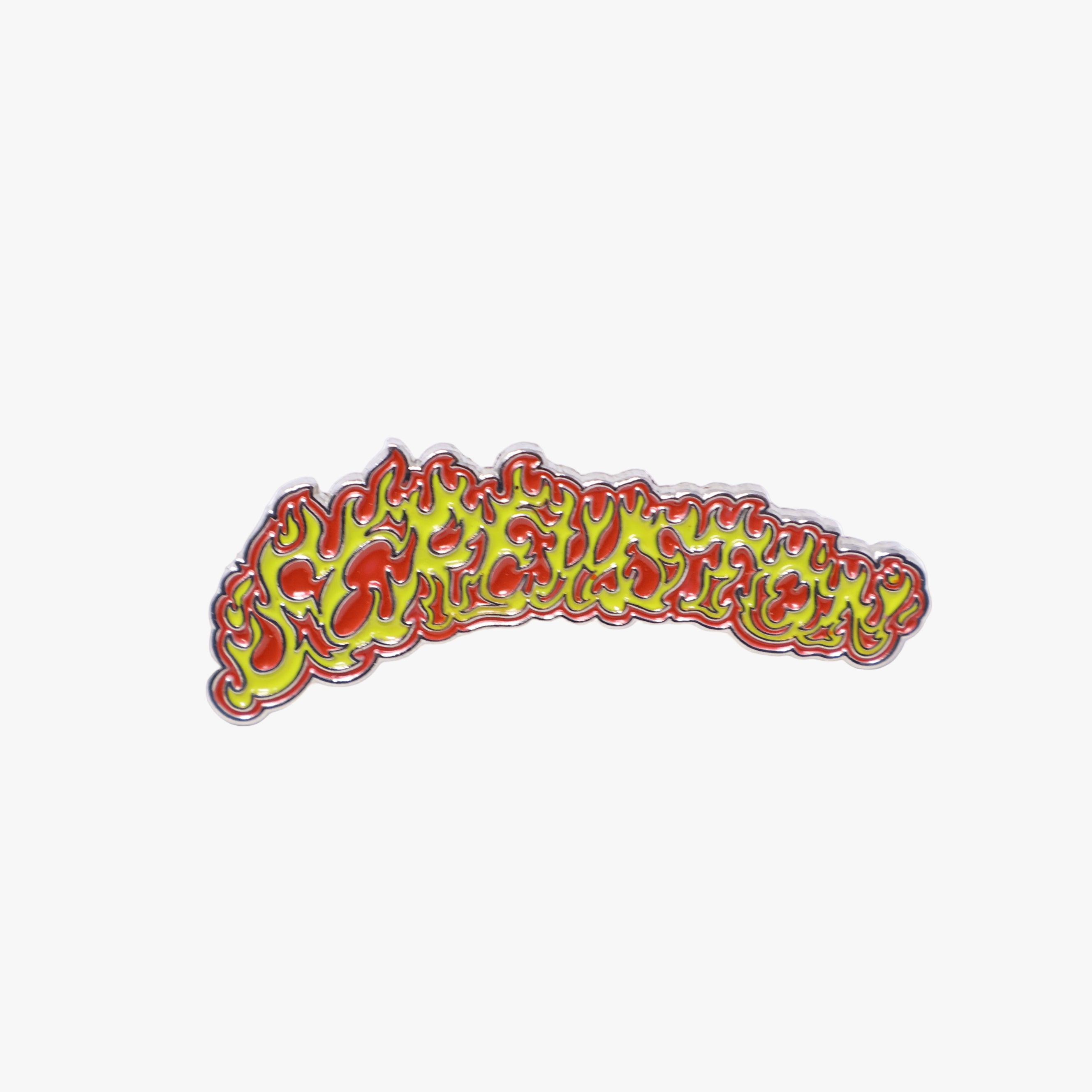 Screwston Red Flames Yellow Text Script Pin