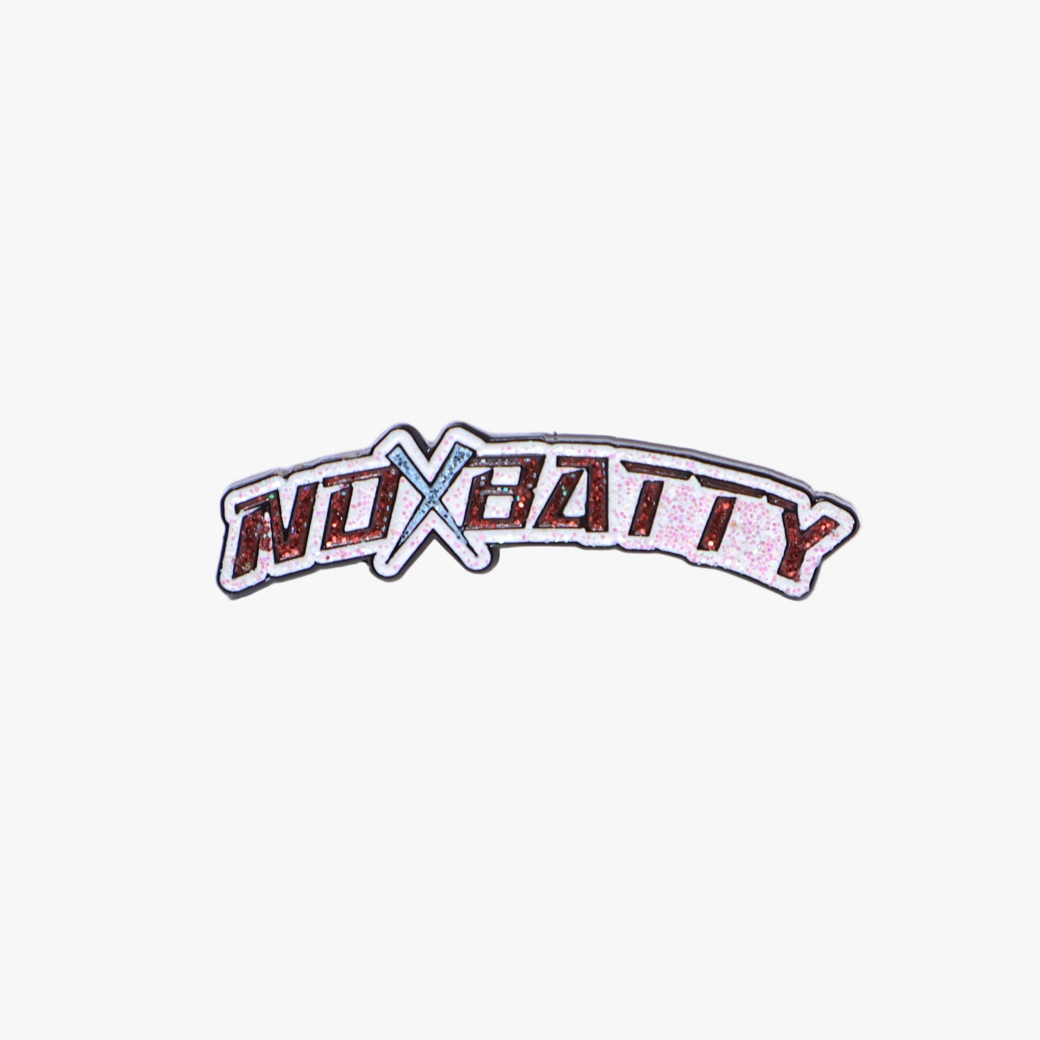 Red Text Blush Pink Glitter No Batty Script Pin