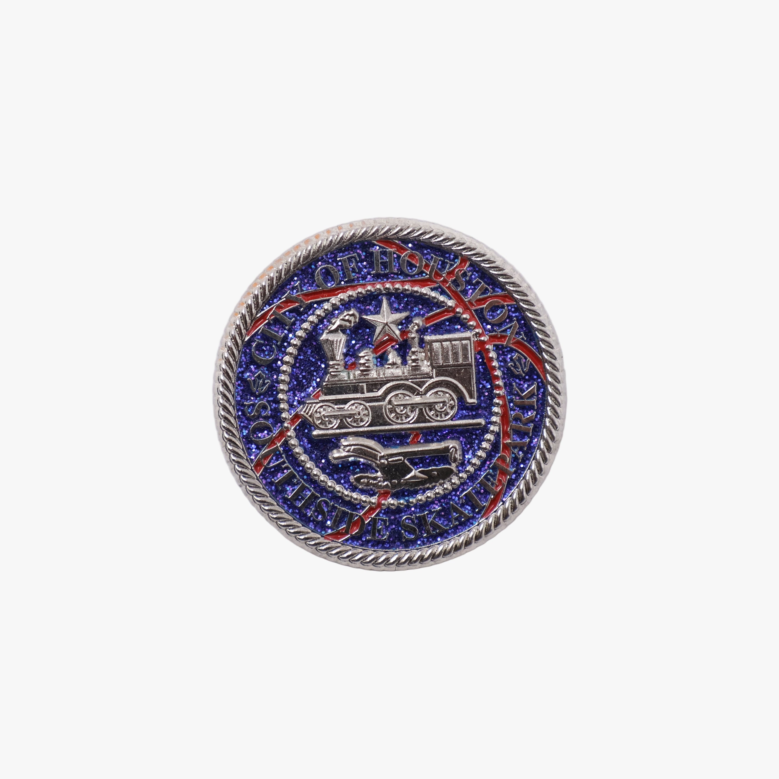 Silver Blue Train Houston Coin Pin