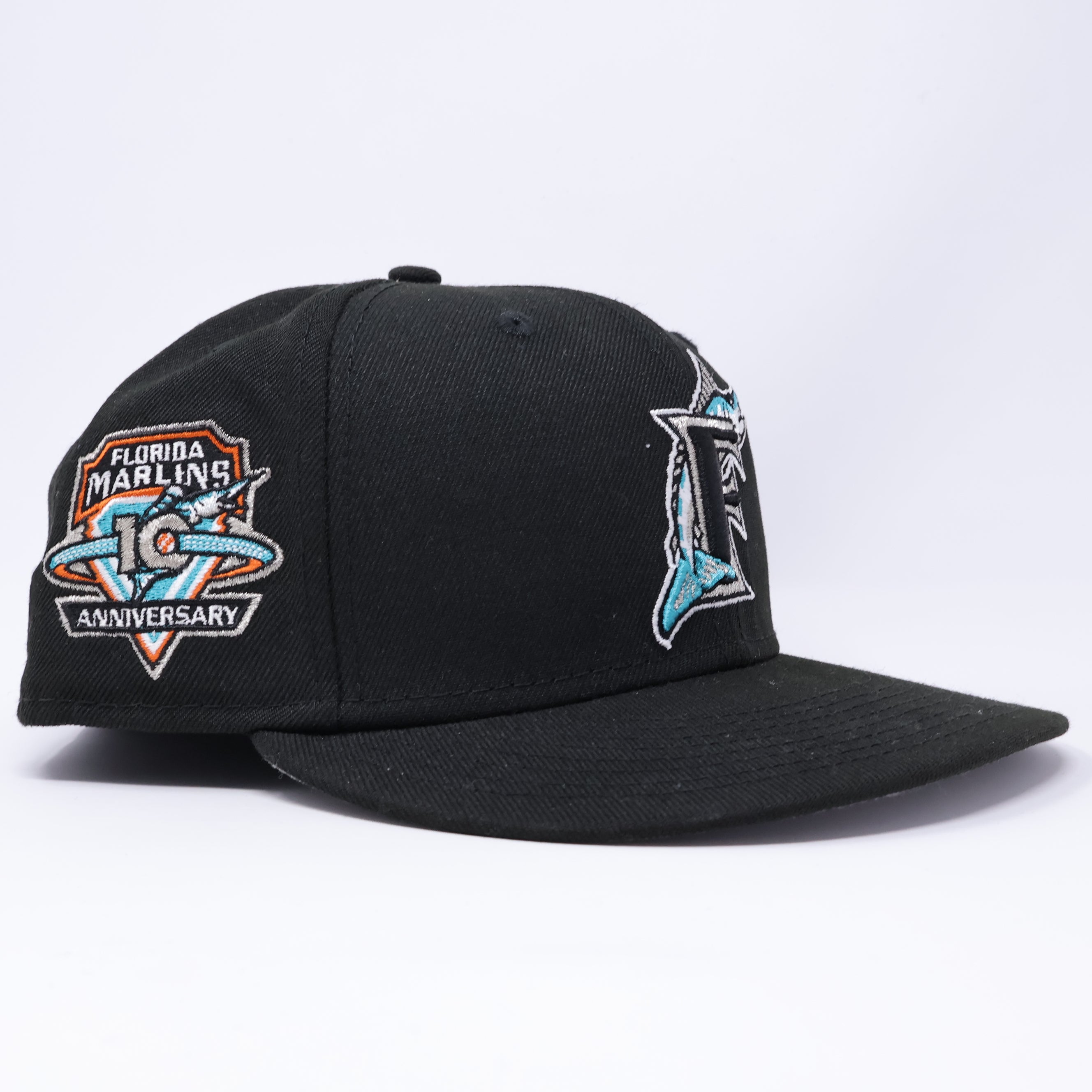 USED 3/4 Black Florida Marlins 10th Anniversary 59fifty New Era Fitted Hat Cap